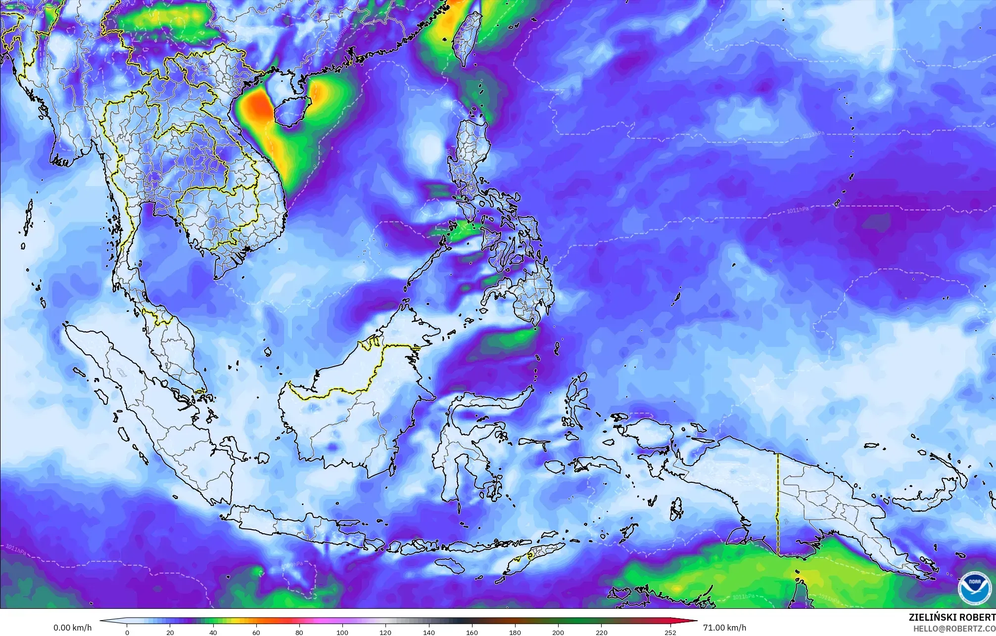 GFS modelo - Sudeste Asiático, Ráfagas de viento