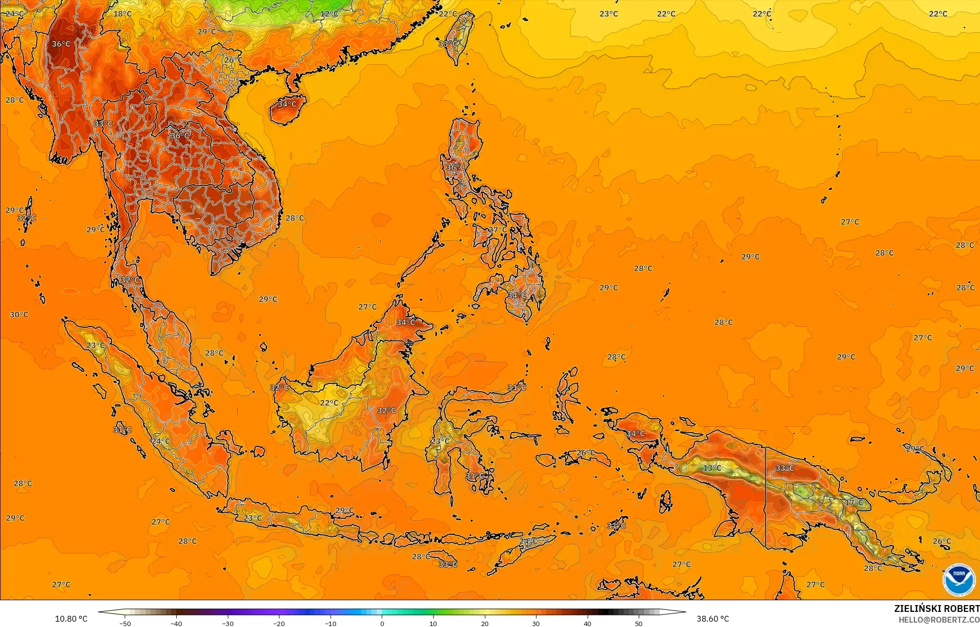GFS modelo - Sudeste Asiático, Temperatura a 2 m