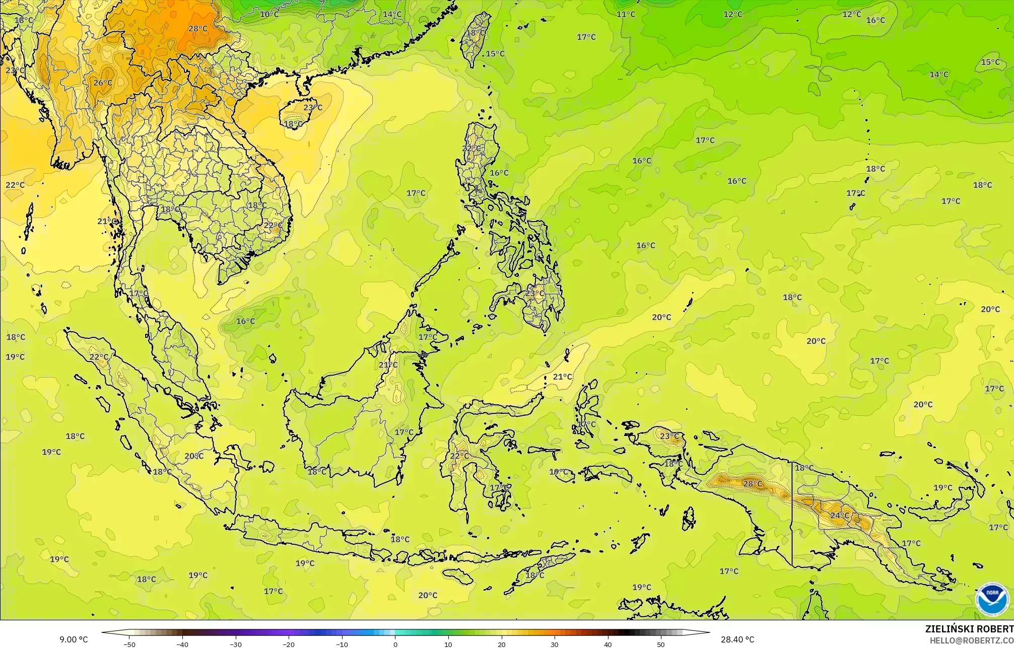 GFS modelo - Sudeste Asiático, Temperatura a 850 hPa