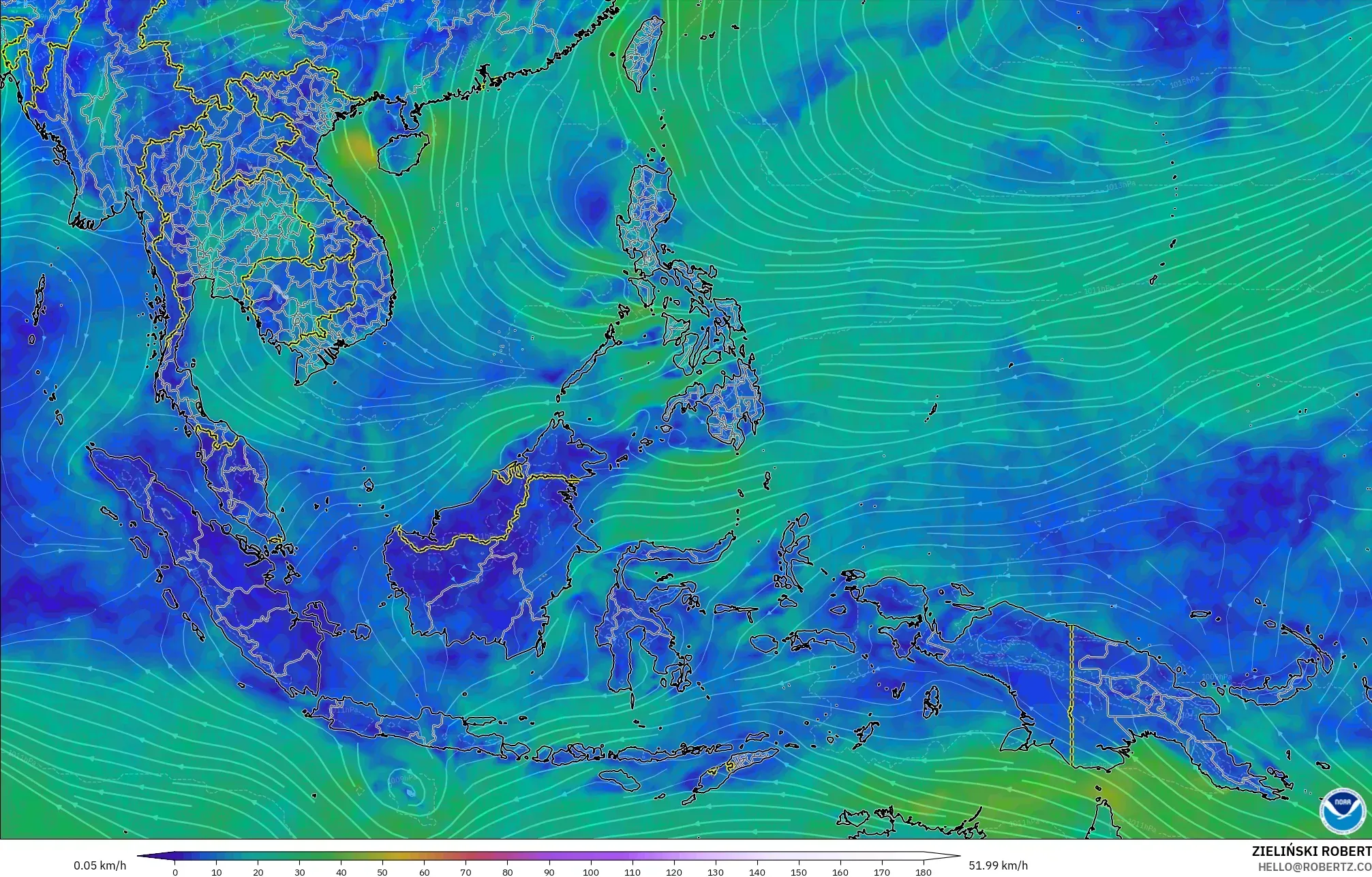GFS modelo - Sudeste Asiático, Viento a 10 m
