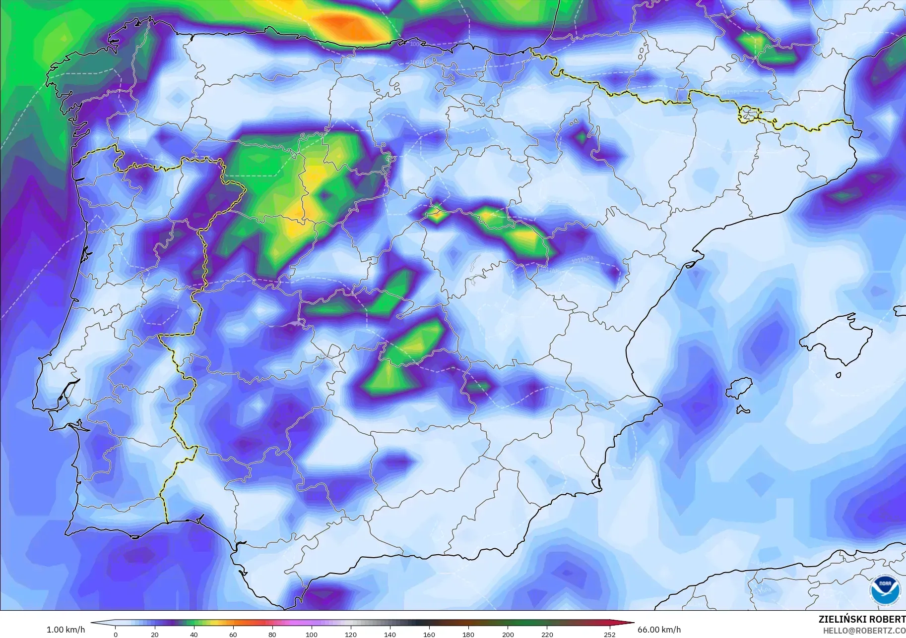 GFS modelo - España, Ráfagas de viento