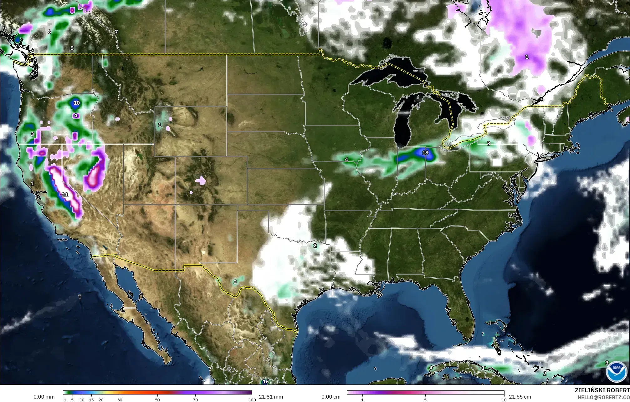 GFS modelo - Estados Unidos, Precipitación, nubes y presión