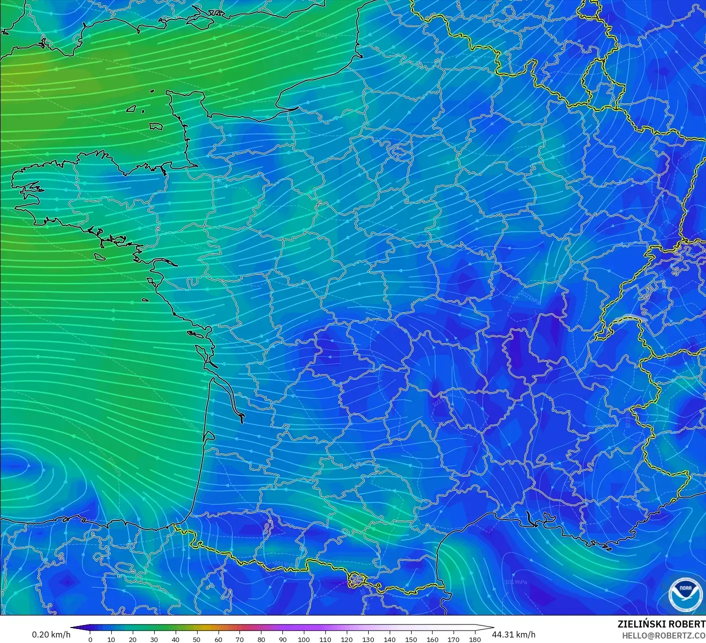 GFS modelo - Francia, Viento a 10 m