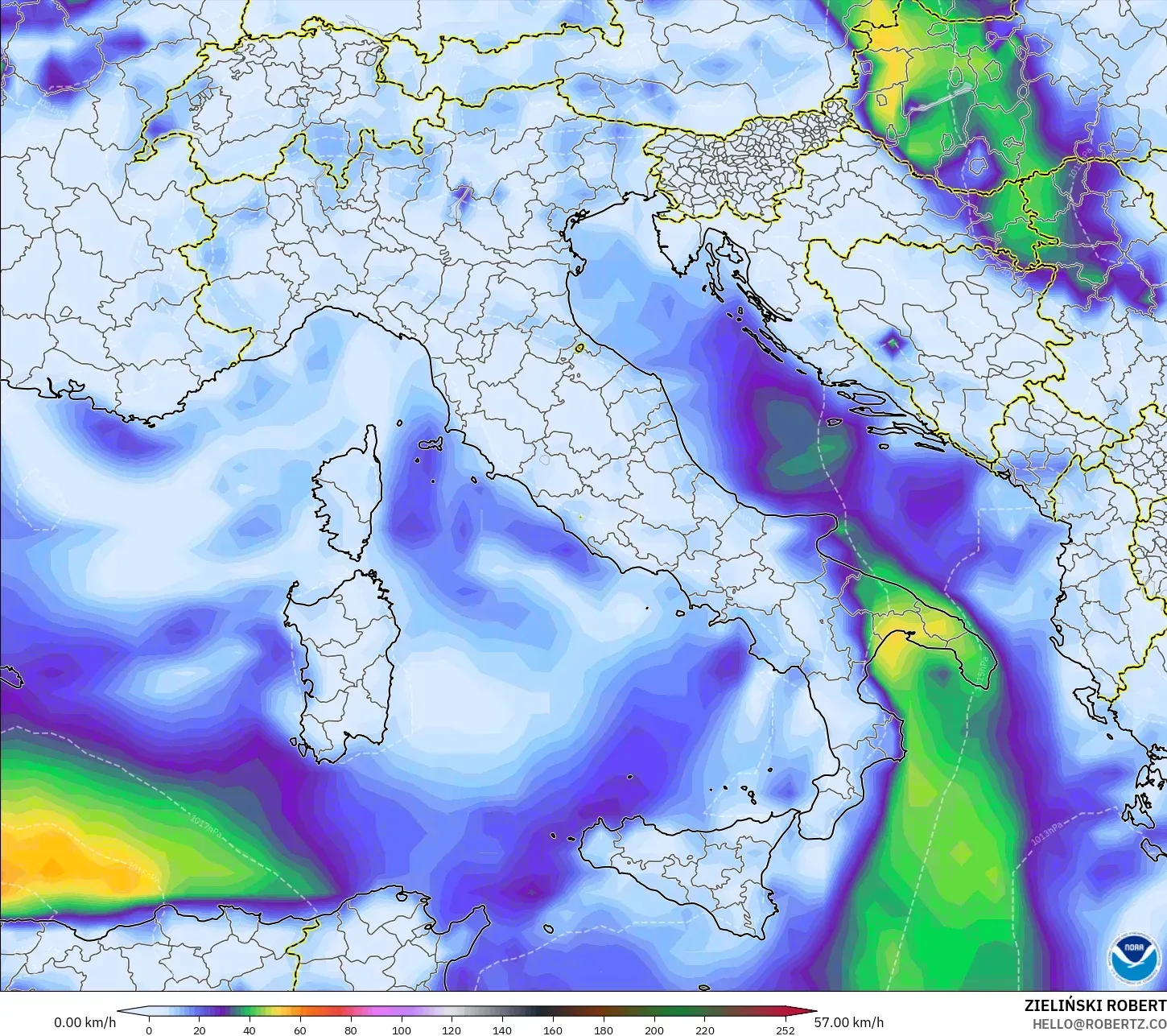 GFS modelo - Italia, Ráfagas de viento