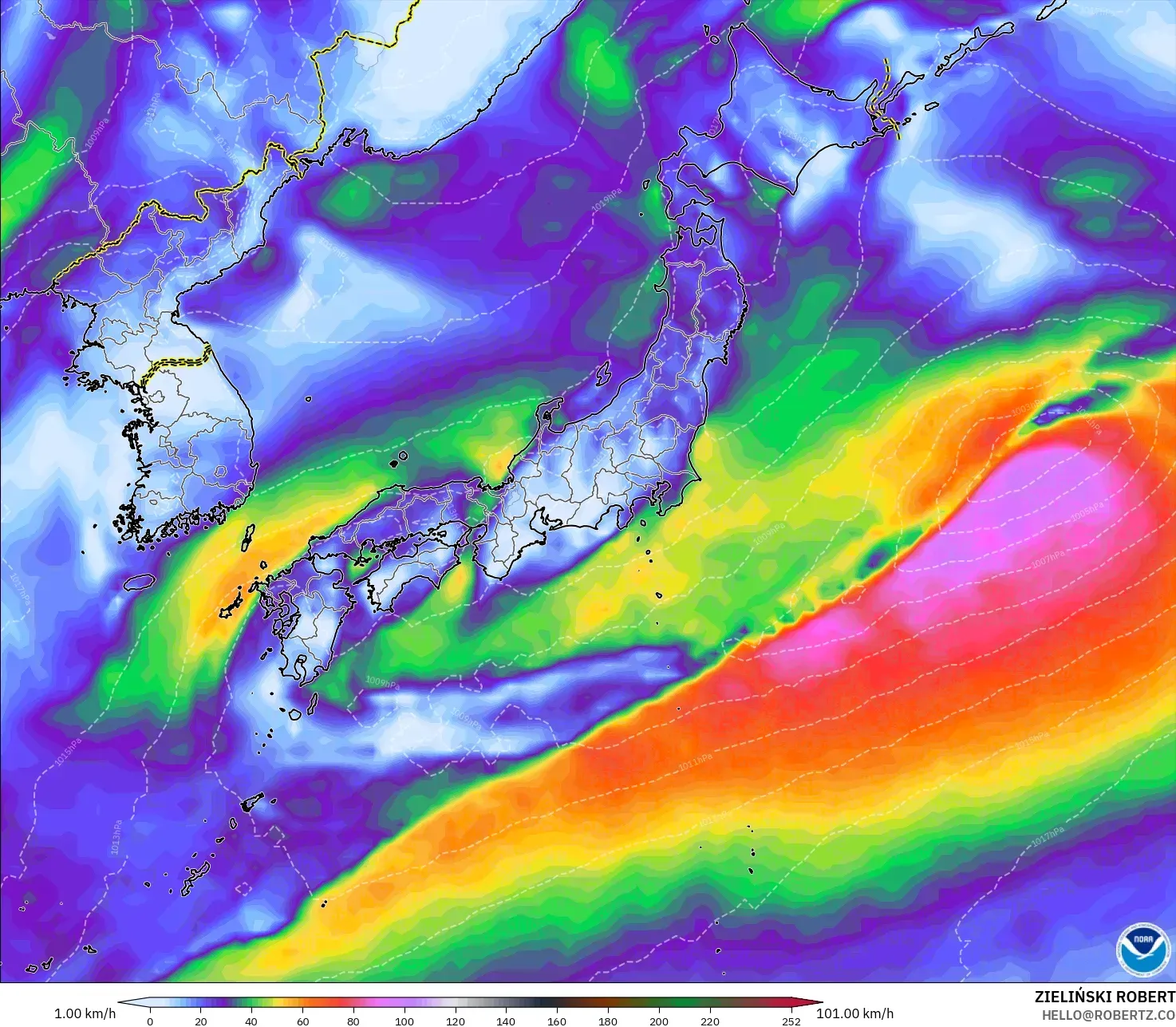 GFS modelo - Japón, Ráfagas de viento