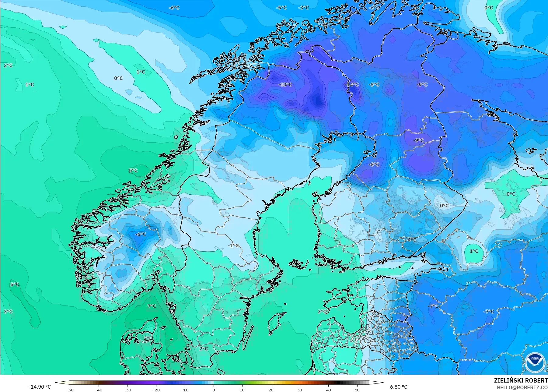 GFS modelo - Escandinavia, Punto de rocío a 2 m
