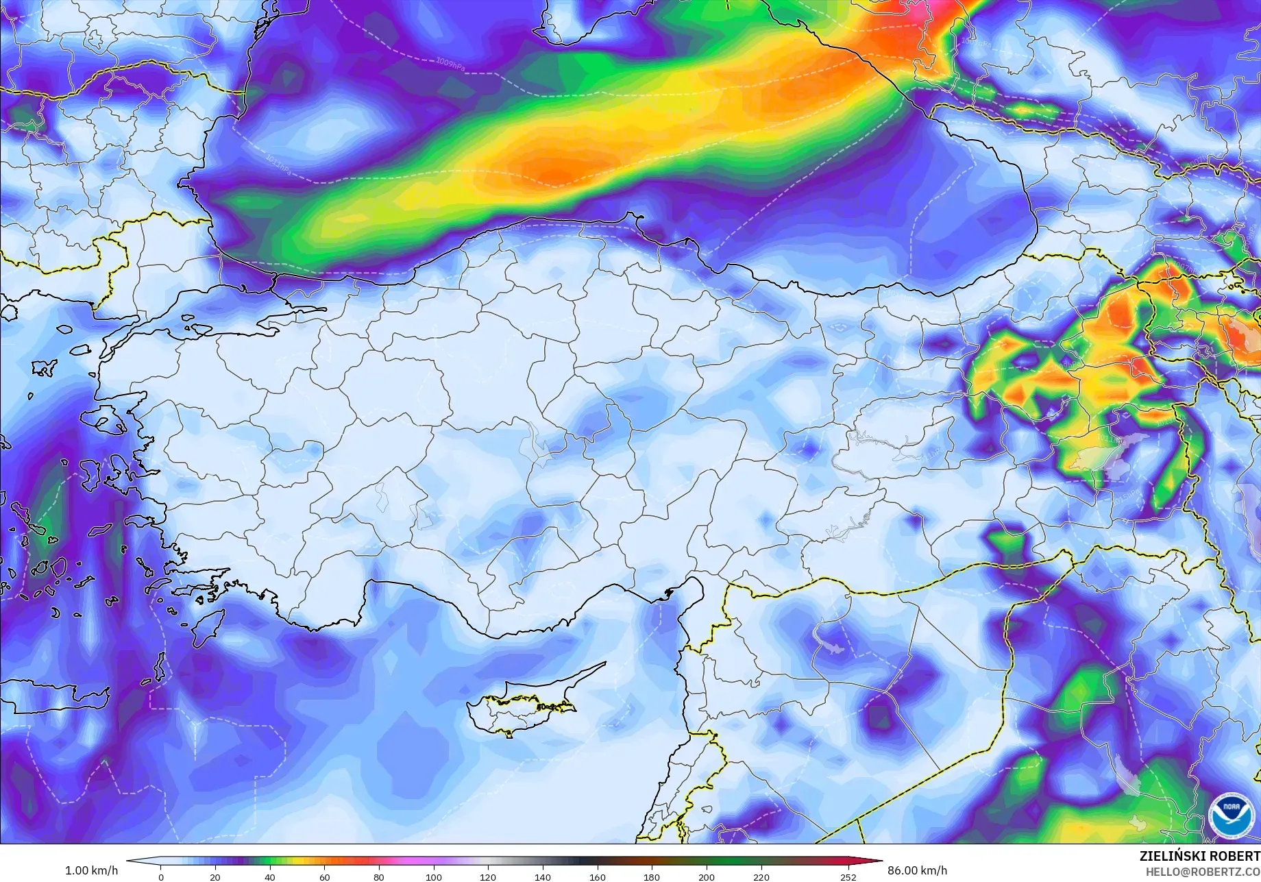 GFS modelo - Turquía, Ráfagas de viento