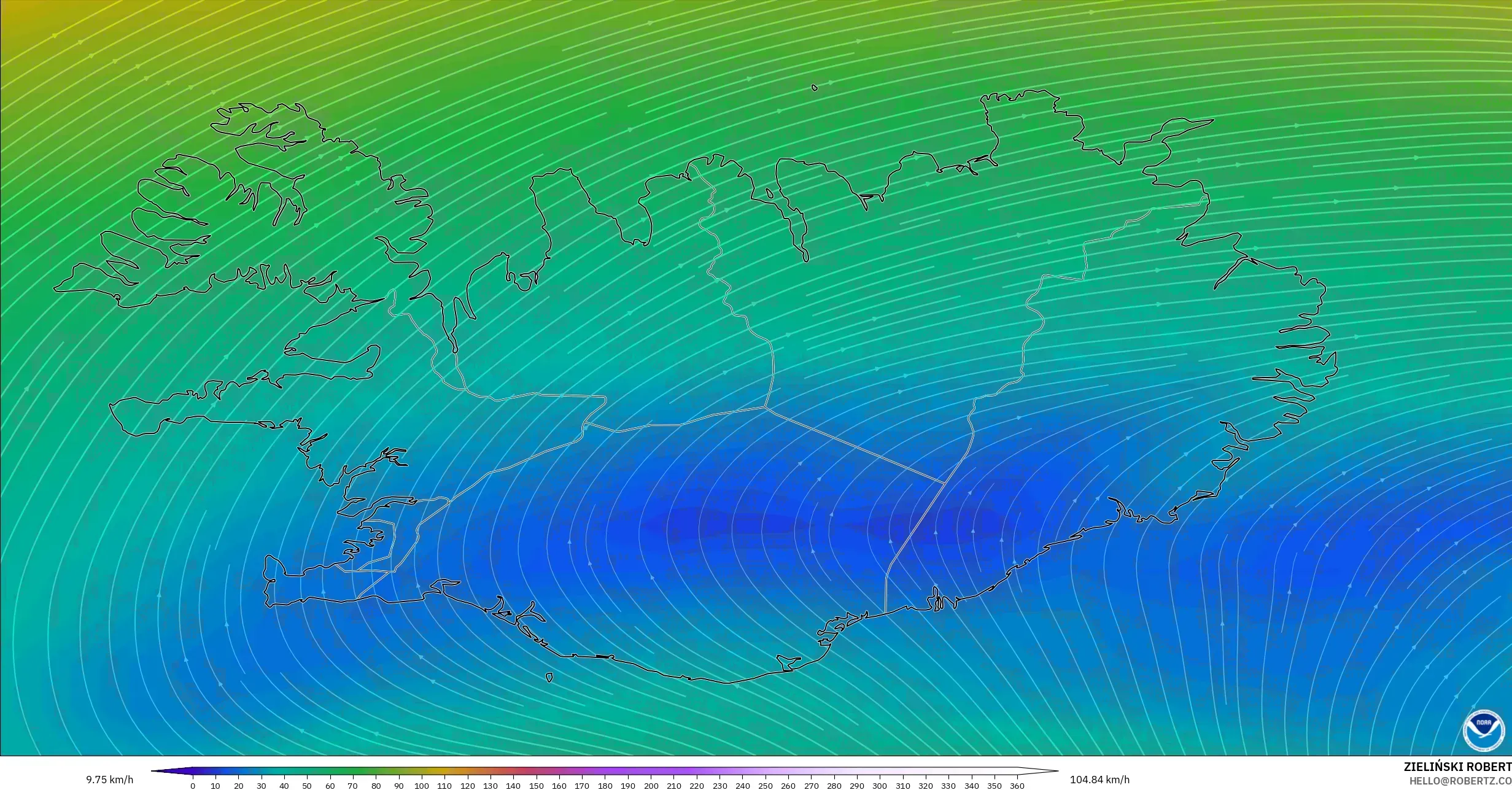 GFS modelo - Islandia, Viento a 300 hPa (corriente en chorro)
