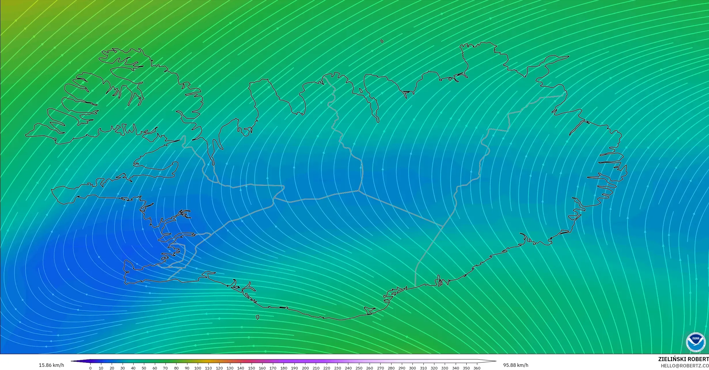 GFS modelo - Islandia, Viento a 300 hPa (corriente en chorro)
