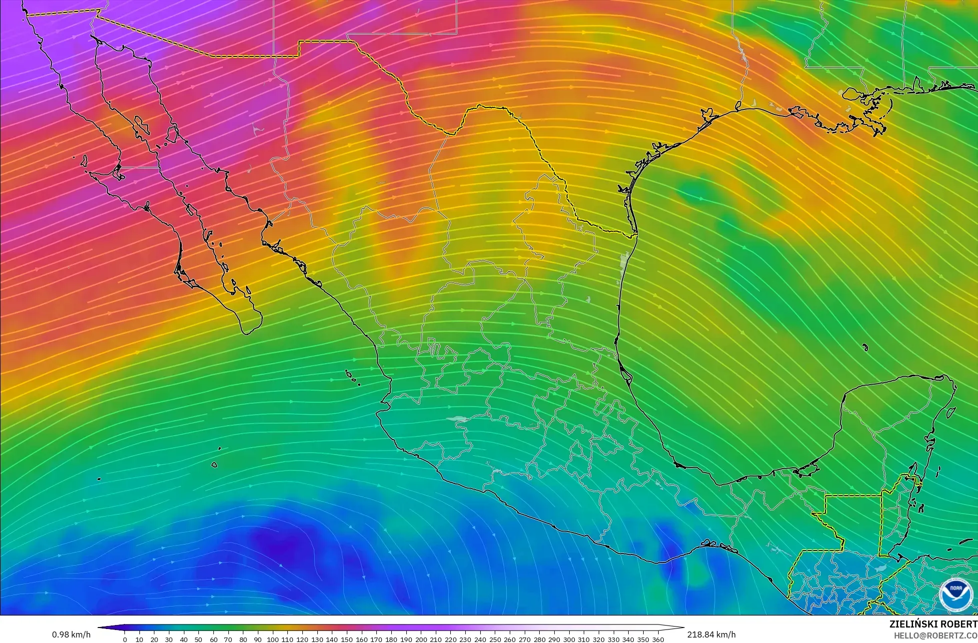 GFS modelo - México, Viento a 300 hPa (corriente en chorro)