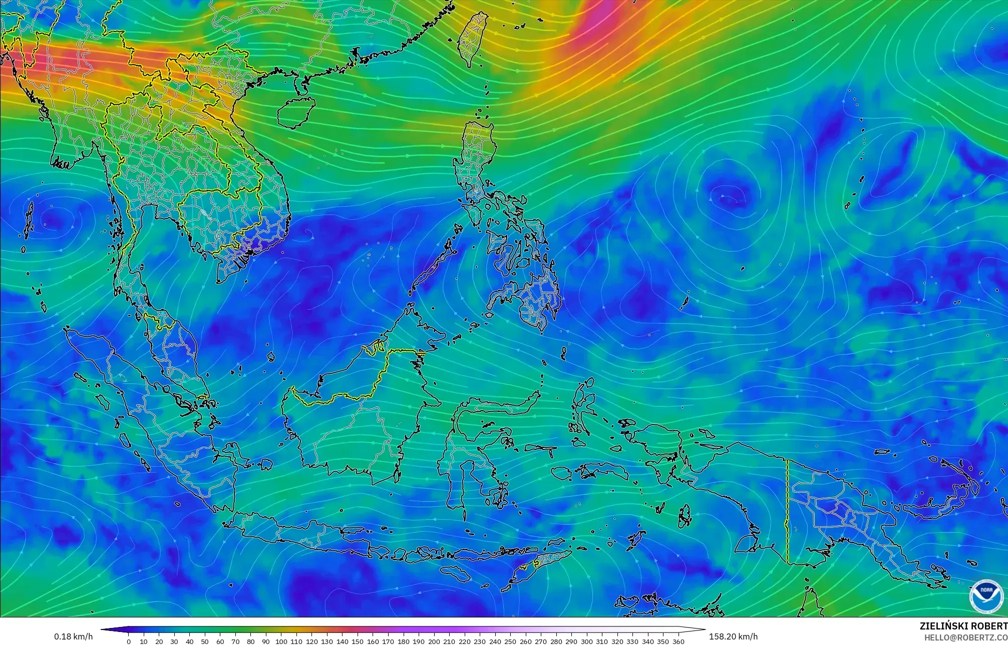 GFS modelo - Sudeste Asiático, Viento a 300 hPa (corriente en chorro)