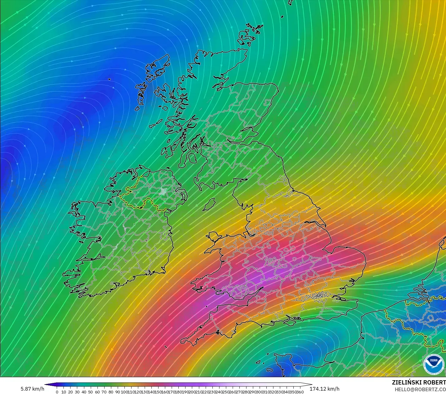 GFS modelo - Reino Unido, Viento a 300 hPa (corriente en chorro)