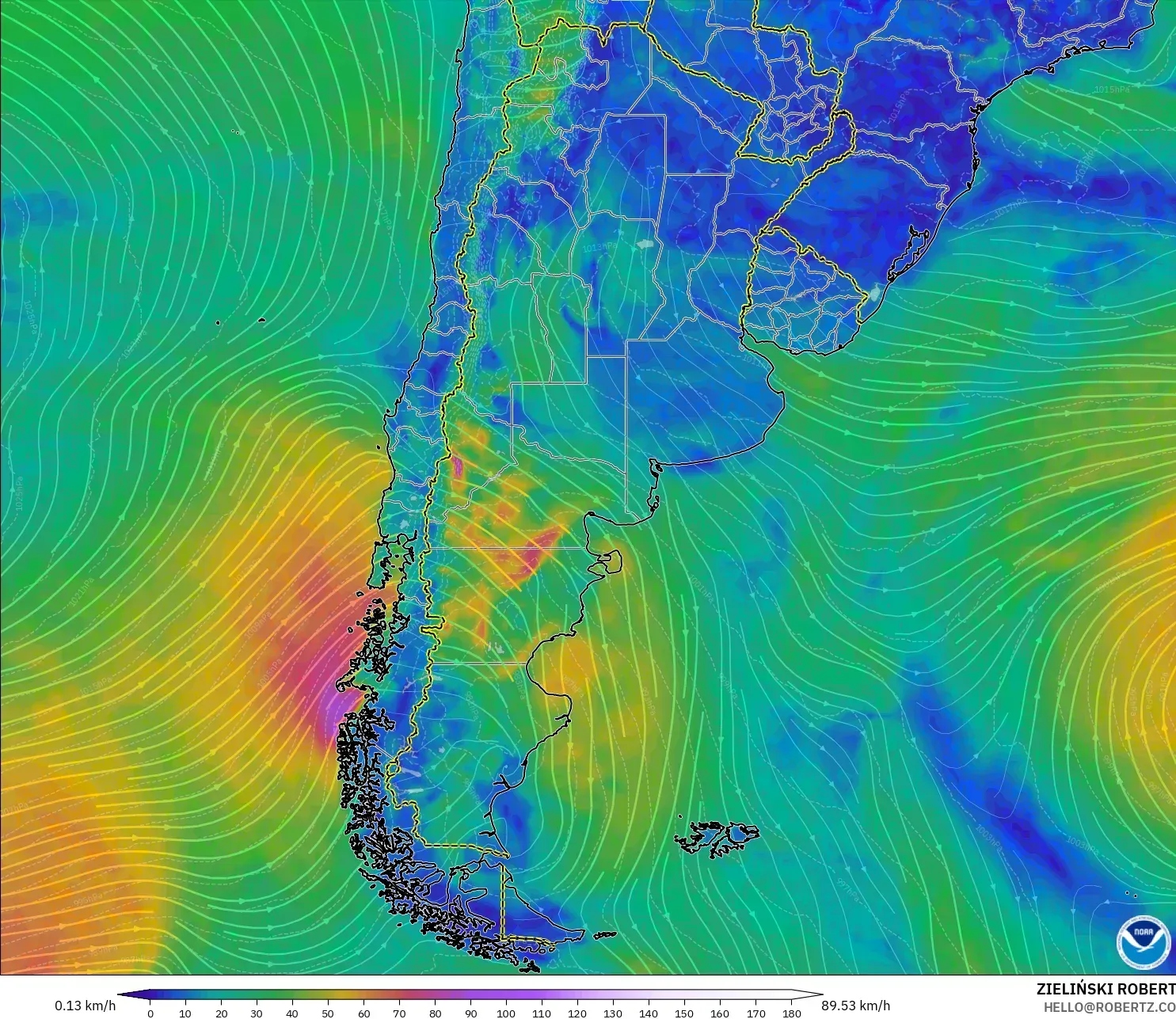GFS modelo - Argentina, Viento a 10 m