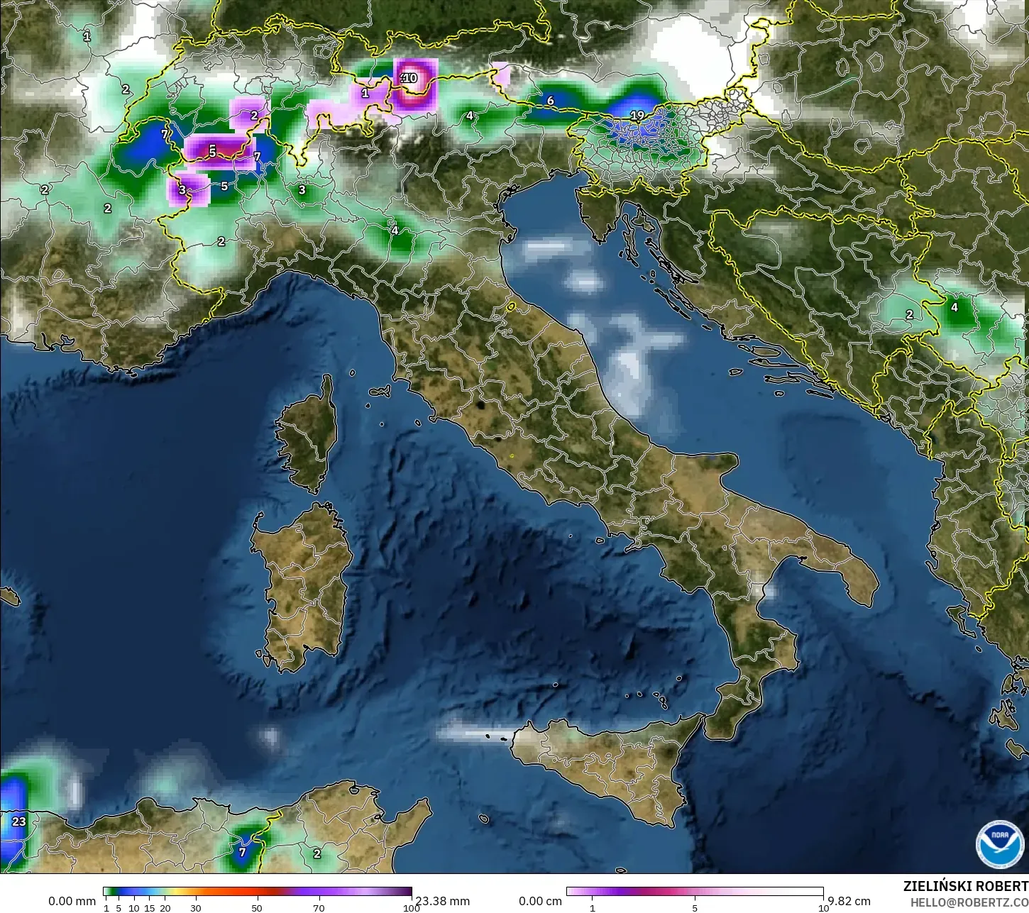GFS modelo - Italia, Precipitación, nubes y presión