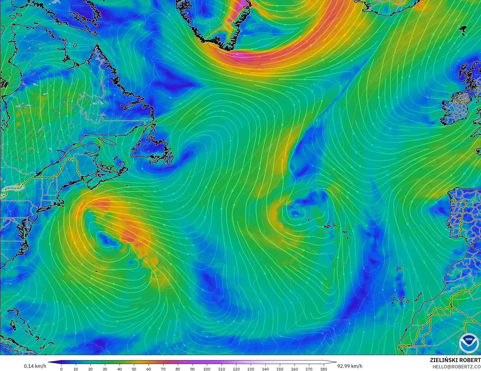GFS modelo - Norte Atlántico, Viento a 10 m
