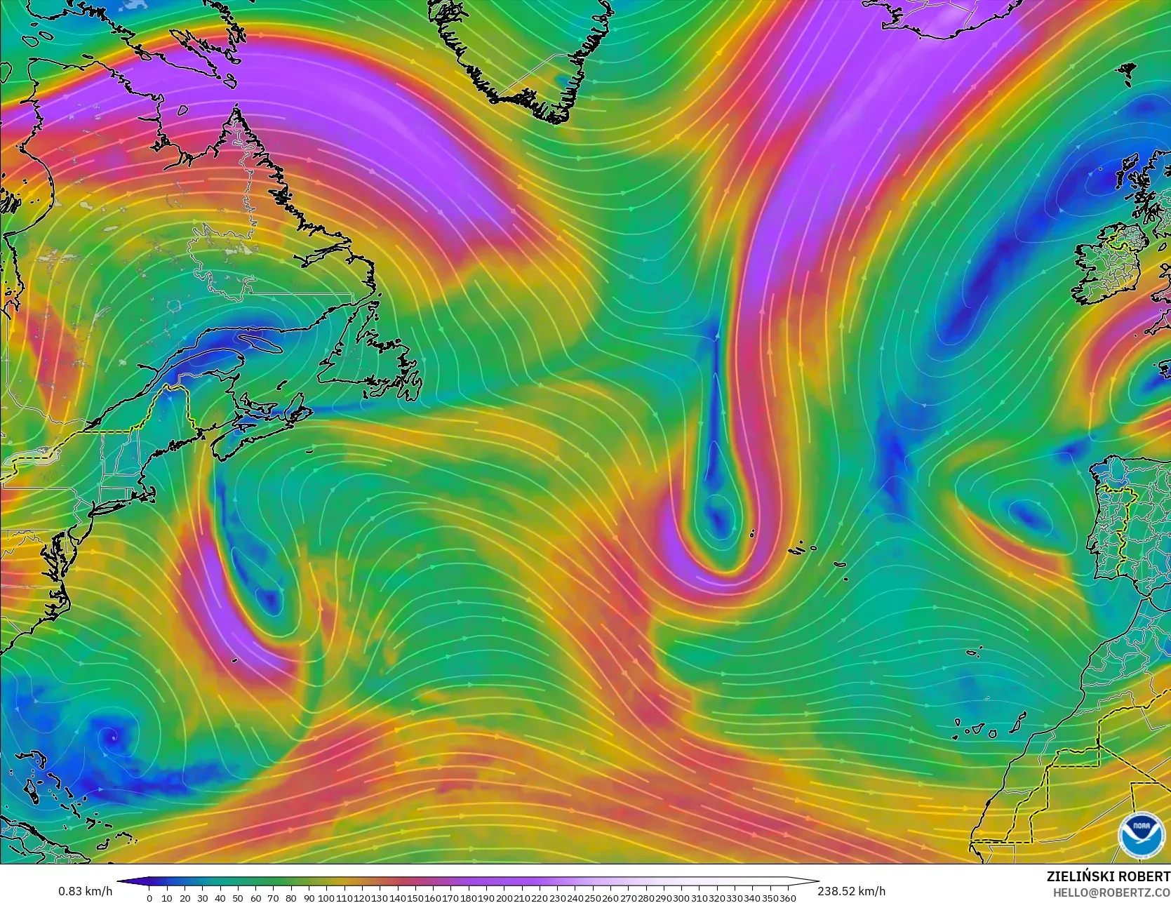 GFS modelo - Norte Atlántico, Viento a 300 hPa (corriente en chorro)