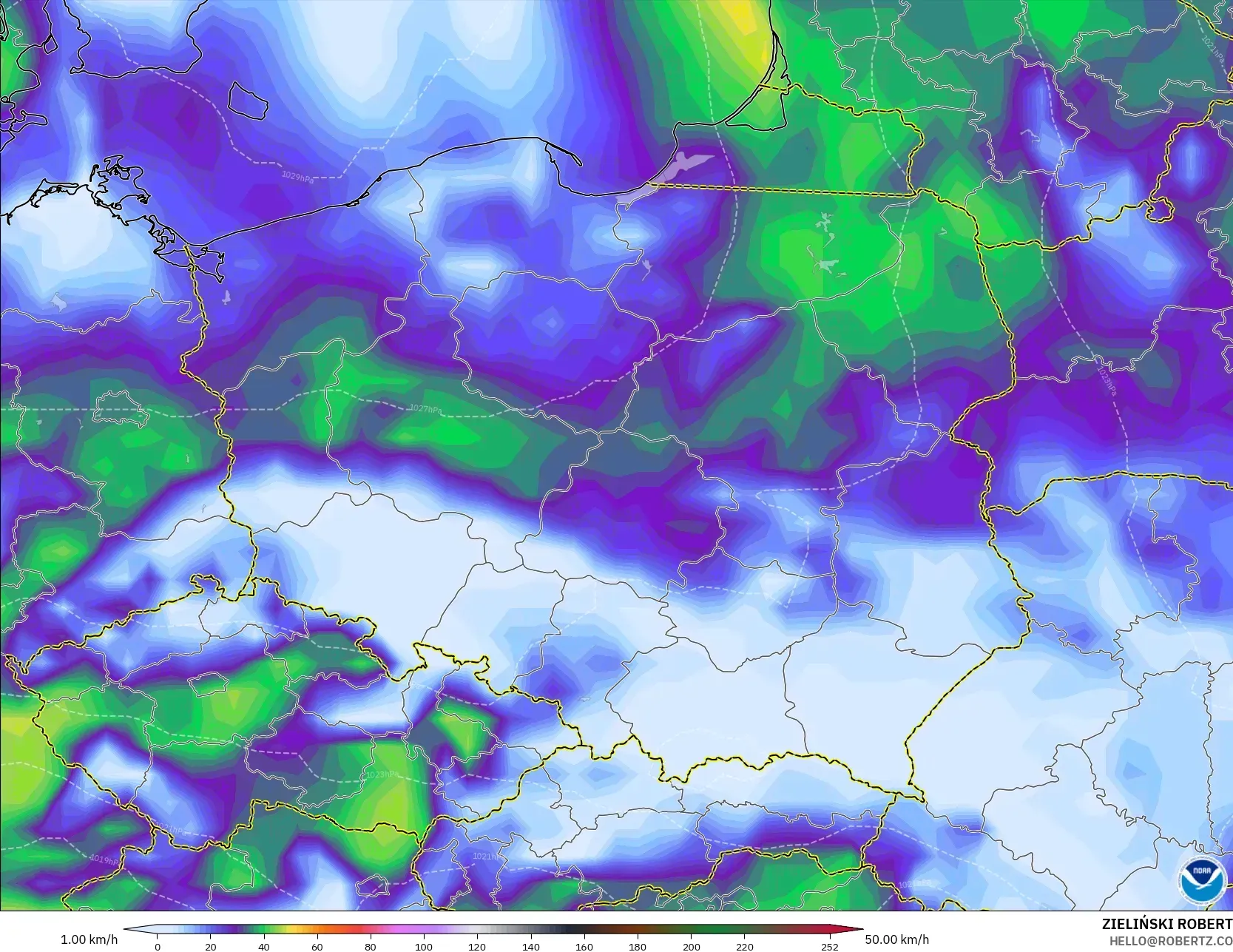 GFS modelo - Polonia, Ráfagas de viento