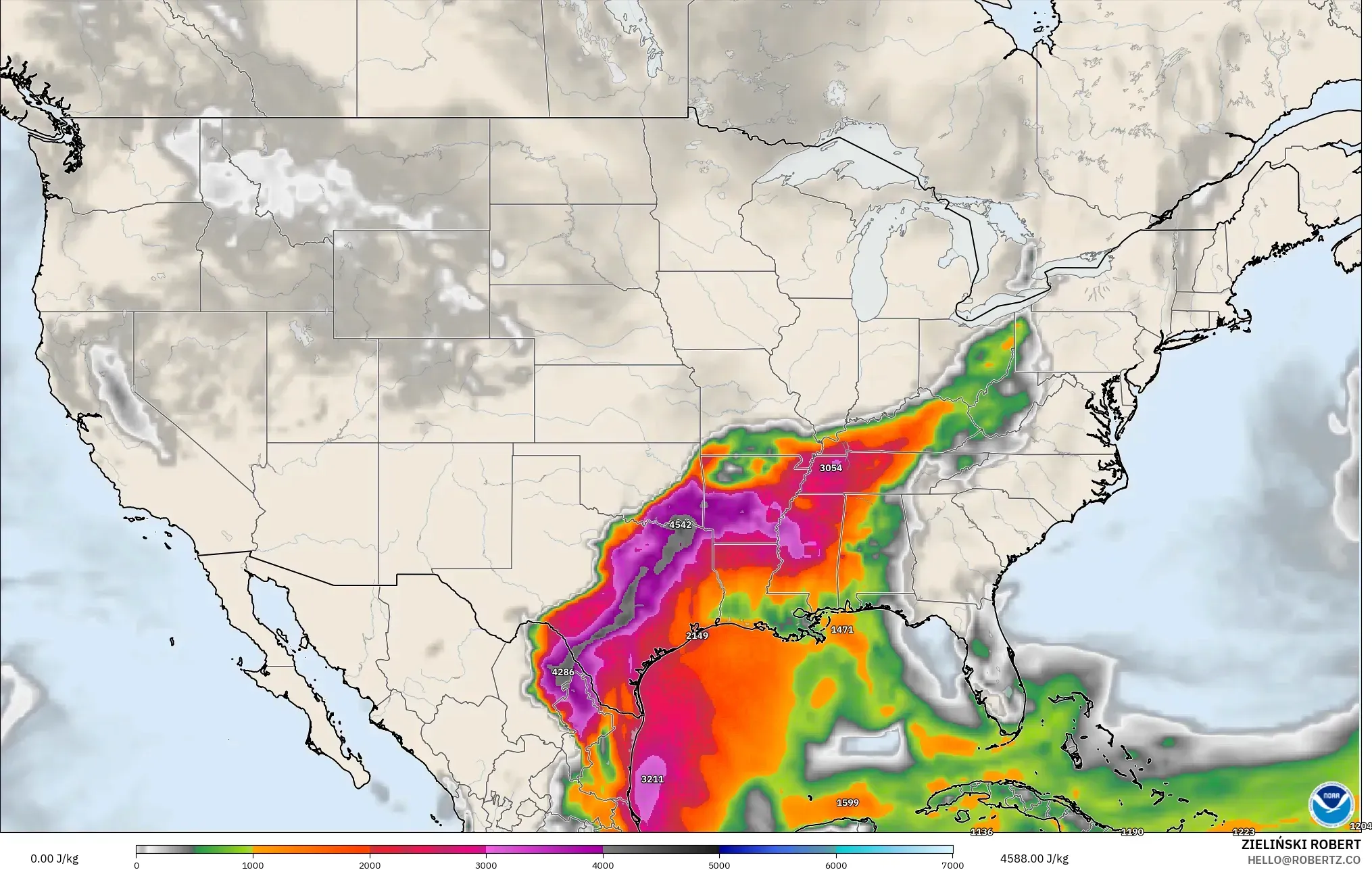 GFS modelo - Estados Unidos, CAPE