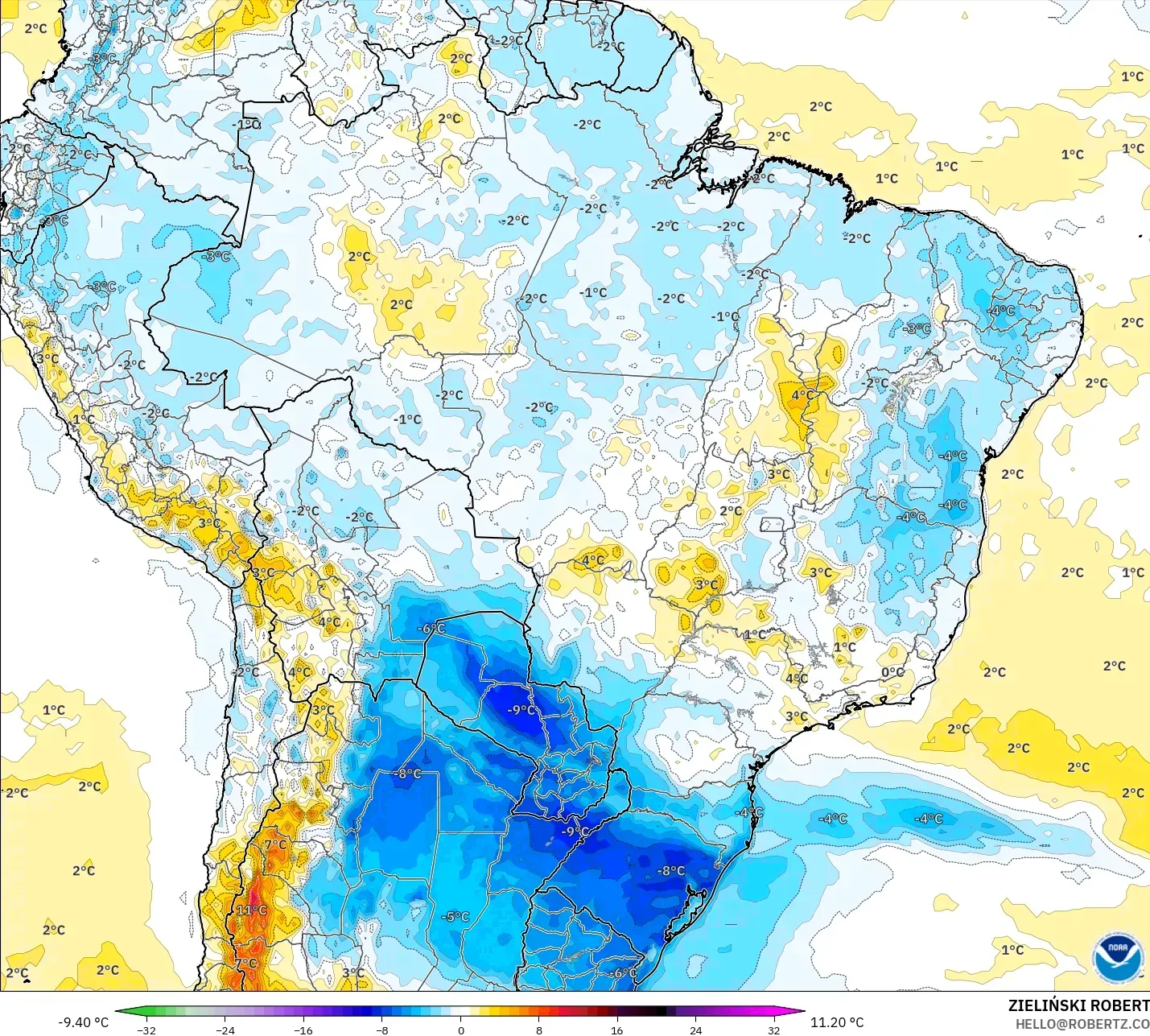 GFS modelo - Brasil, Anomalía de temperatura a 2 m