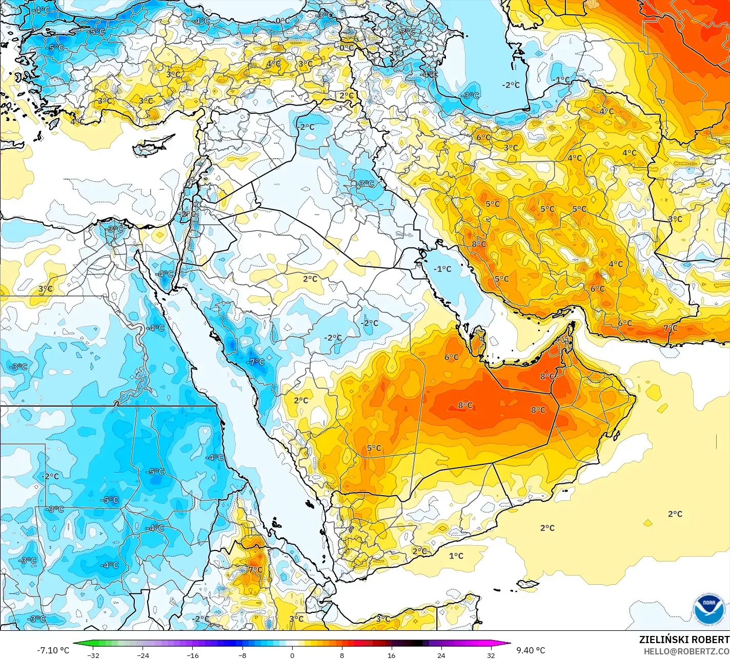 GFS modelo - Oriente Medio, Anomalía de temperatura a 2 m