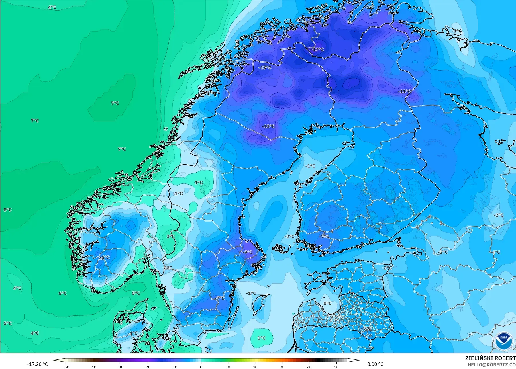 GFS modelo - Escandinavia, Punto de rocío a 2 m