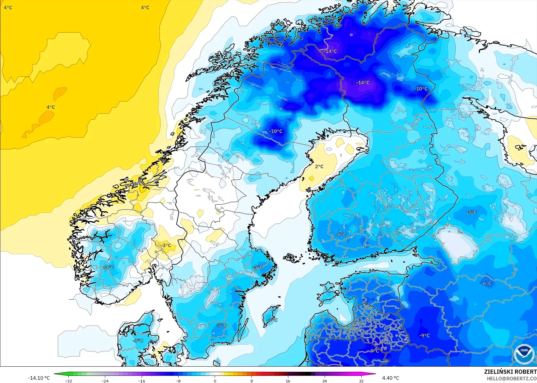 GFS modelo - Escandinavia, Anomalía de temperatura a 2 m