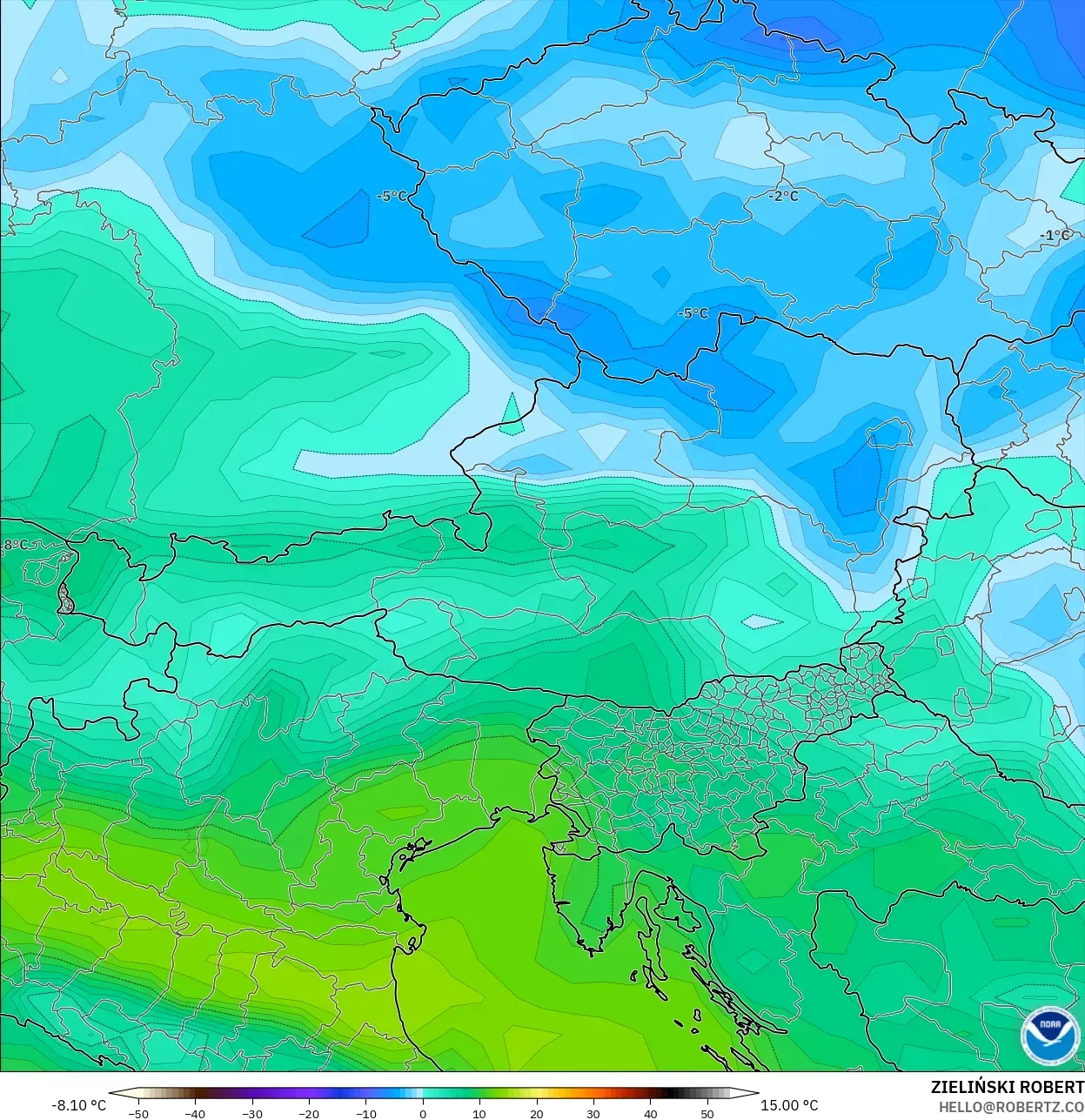 GFS modelo - Austria, Punto de rocío a 2 m