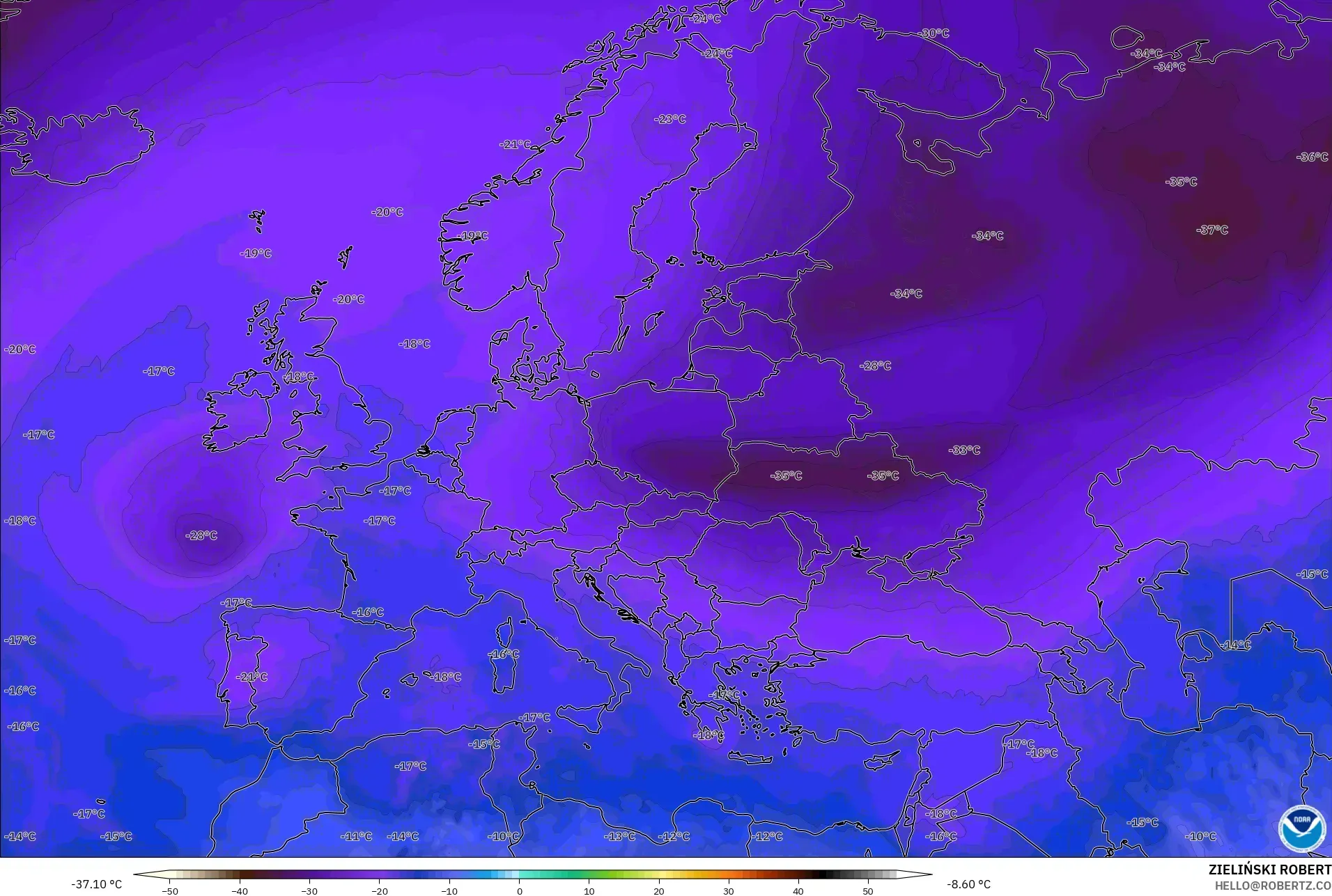 GFS modelo - Europa, Temperatura a 500 hPa