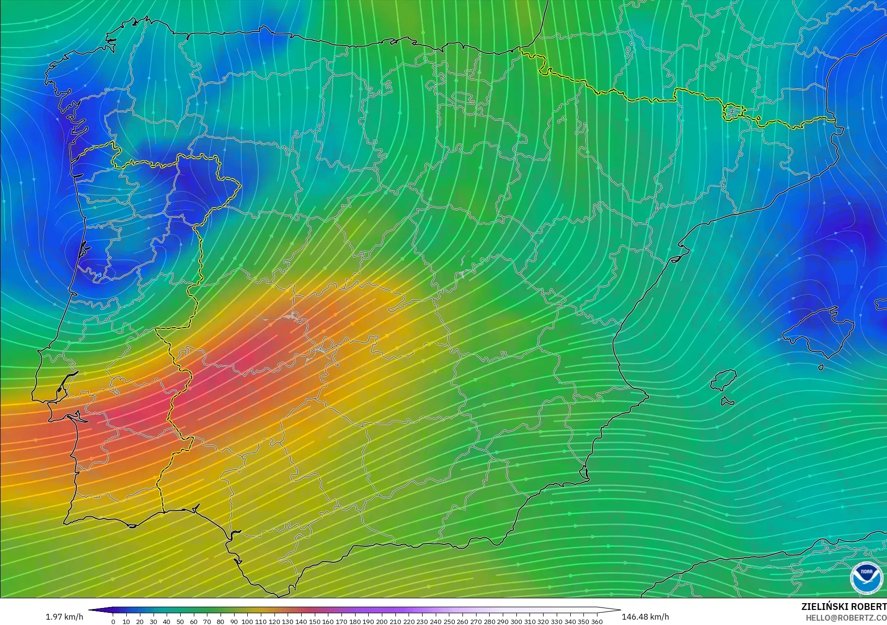 GFS modelo - España, Viento a 300 hPa (corriente en chorro)