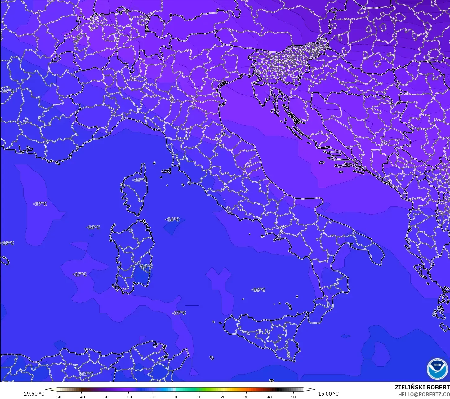 GFS modelo - Italia, Temperatura a 500 hPa