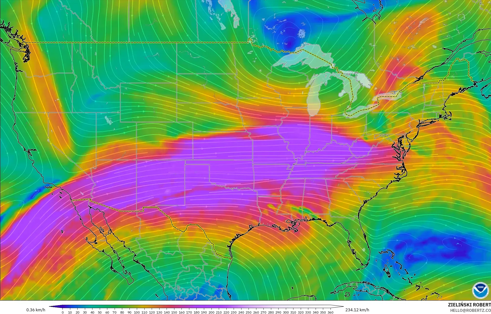 GFS modelo - Estados Unidos, Viento a 300 hPa (corriente en chorro)