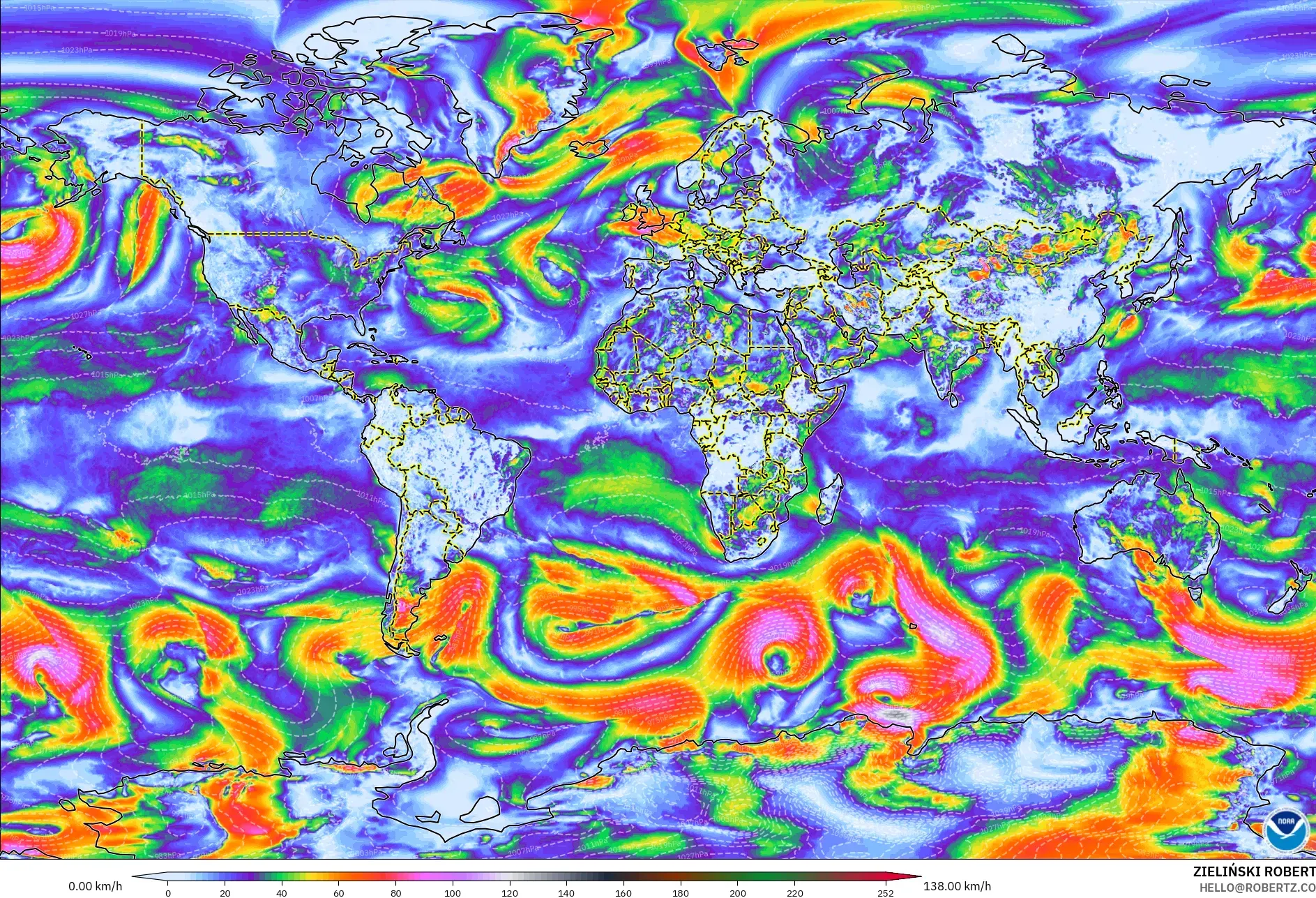 GFS modelo - Mundo, Ráfagas de Viento Máximas