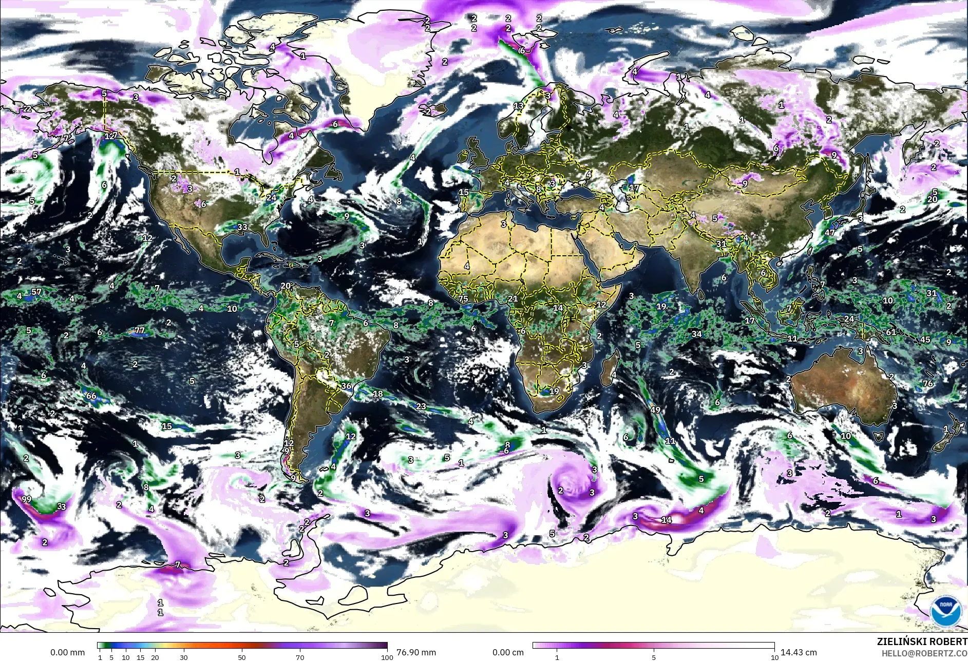 GFS modelo - Mundo, Precipitación, nubes y presión