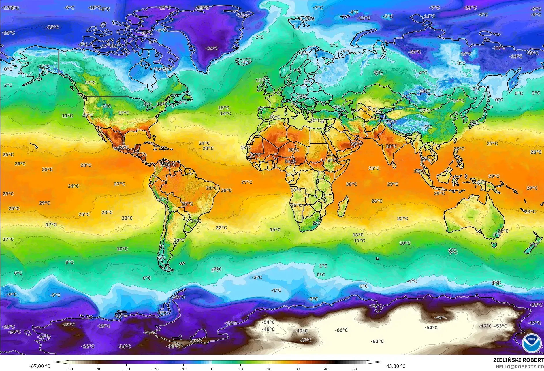 GFS modelo - Mundo, Temperatura a 2 m