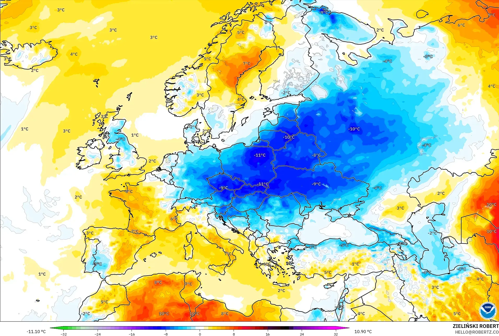 GFS modelo - Europa, Anomalía de temperatura a 2 m