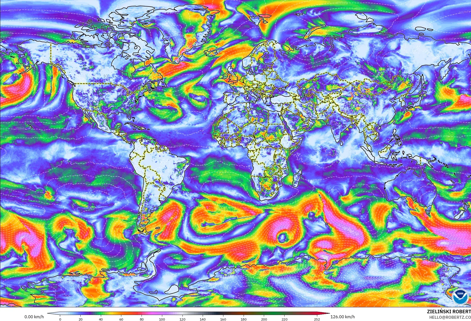 GFS modelo - Mundo, Ráfagas de viento