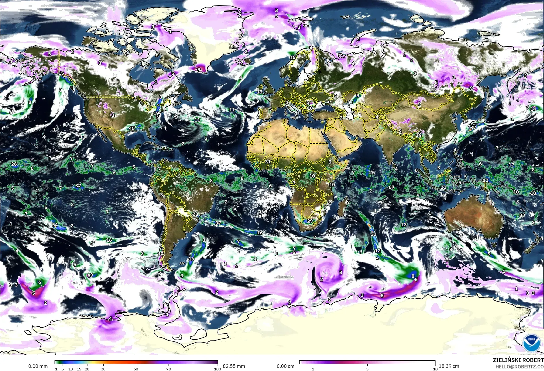GFS modelo - Mundo, Precipitación, nubes y presión