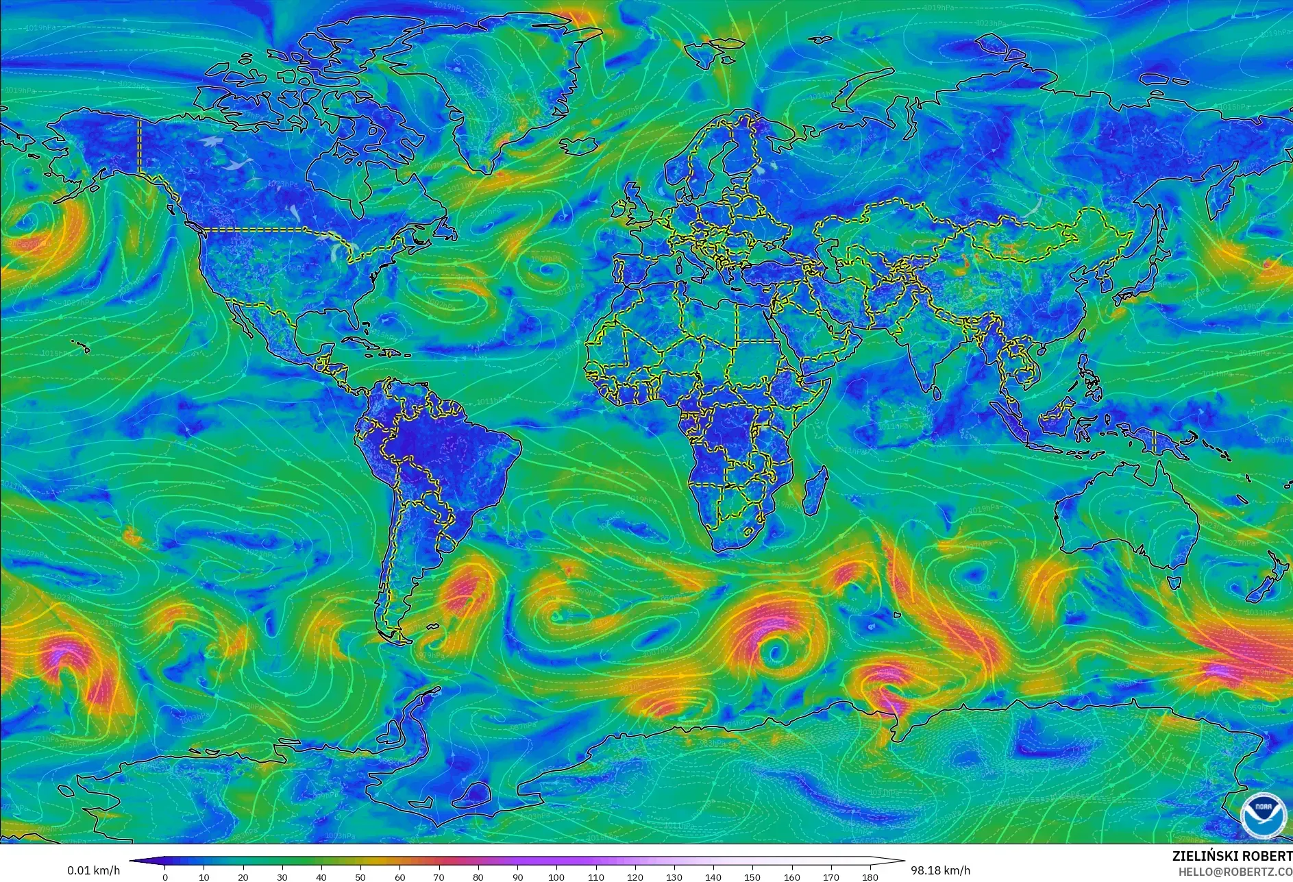 GFS modelo - Mundo, Viento a 10 m