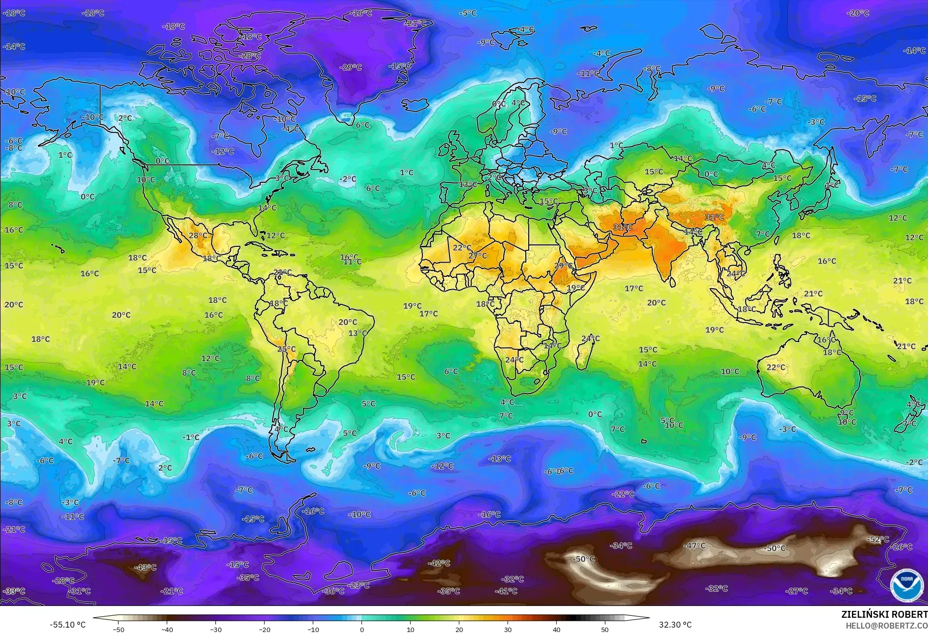 GFS modelo - Mundo, Temperatura a 850 hPa