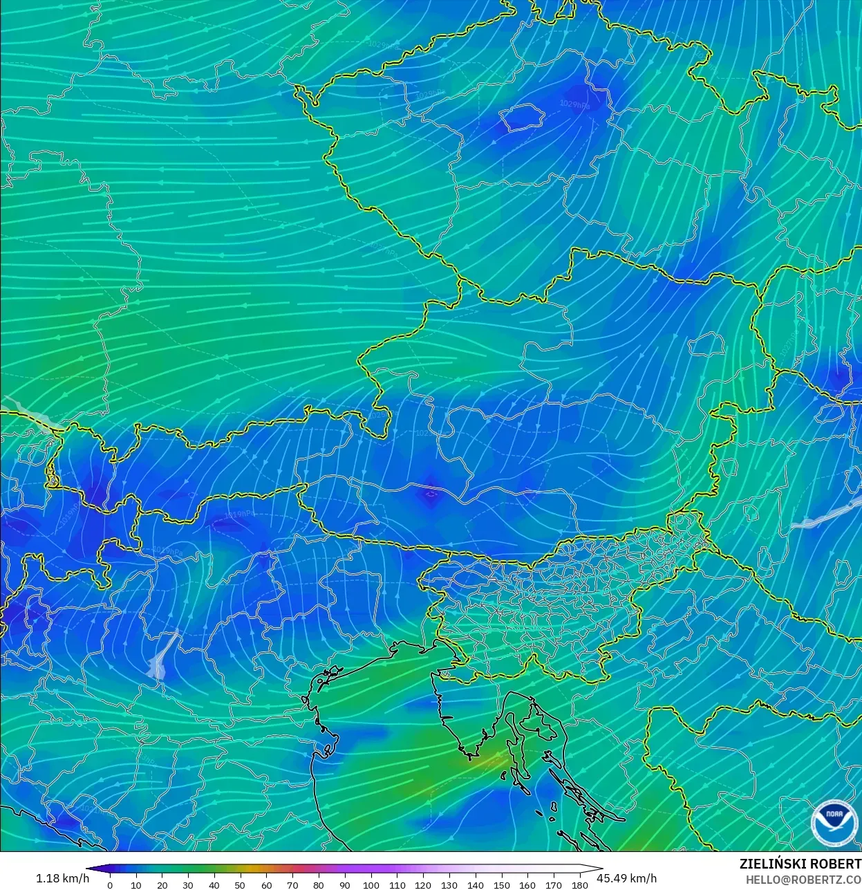 GFS modelo - Austria, Viento a 10 m