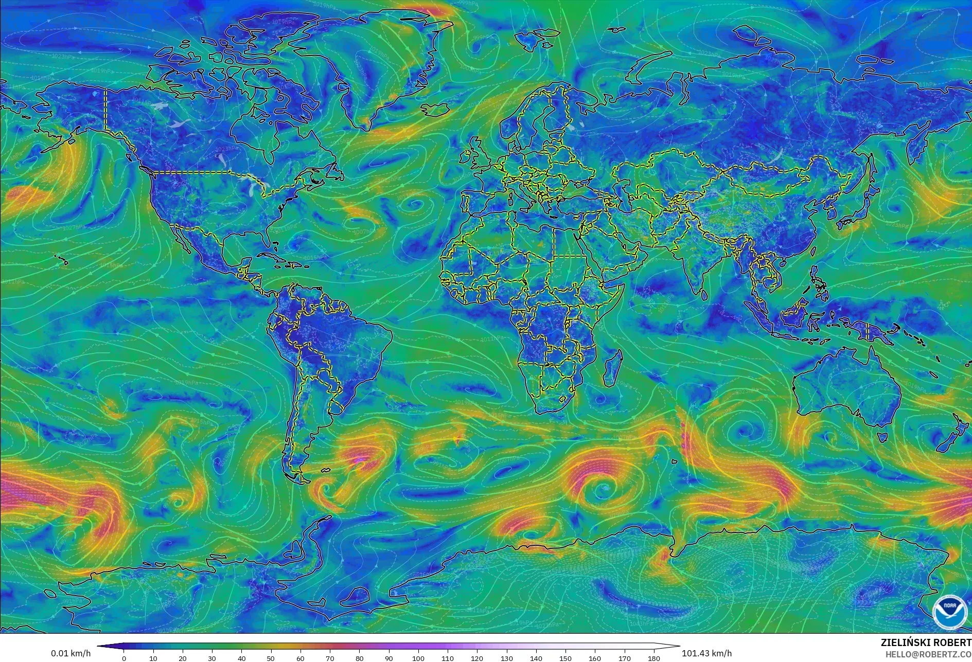 GFS modelo - Mundo, Viento a 10 m