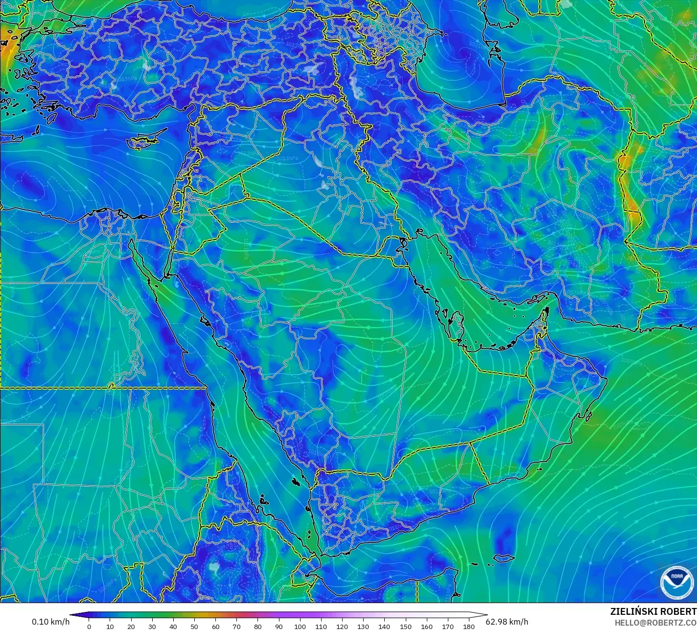 GFS modelo - Oriente Medio, Viento a 10 m
