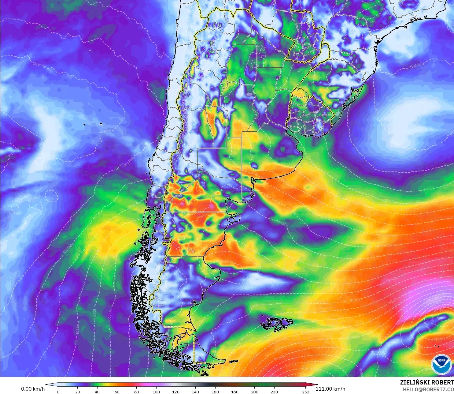 GFS modelo - Argentina, Ráfagas de viento