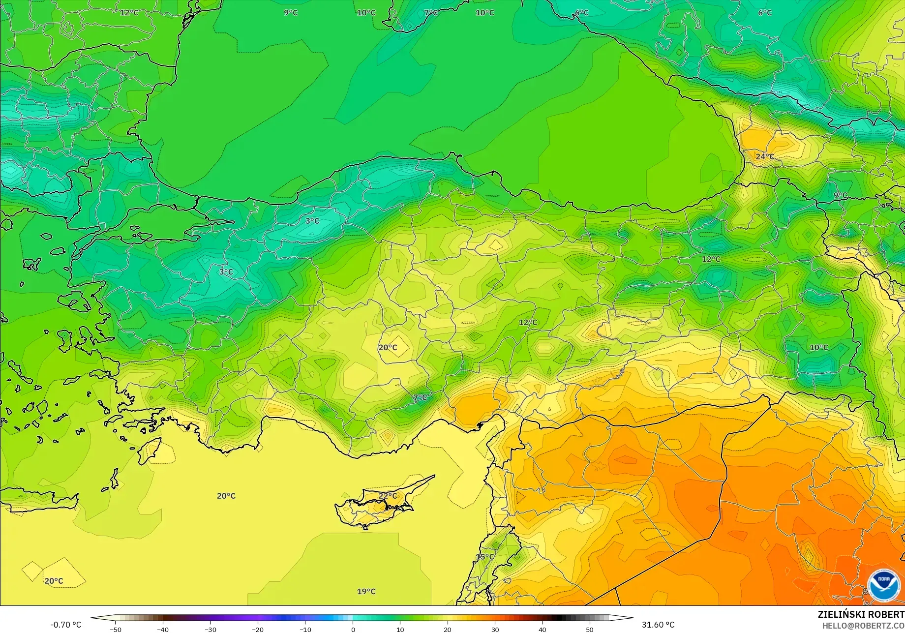 GFS modelo - Turquía, Temperatura a 2 m
