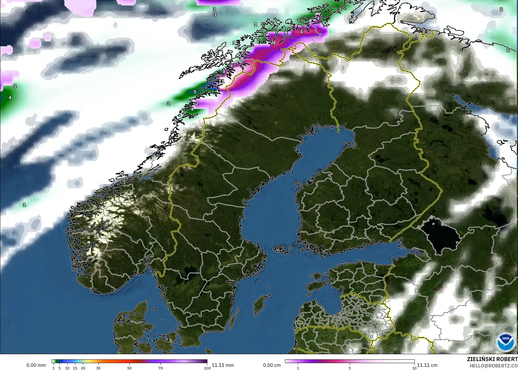 GFS modelo - Escandinavia, Precipitación, nubes y presión