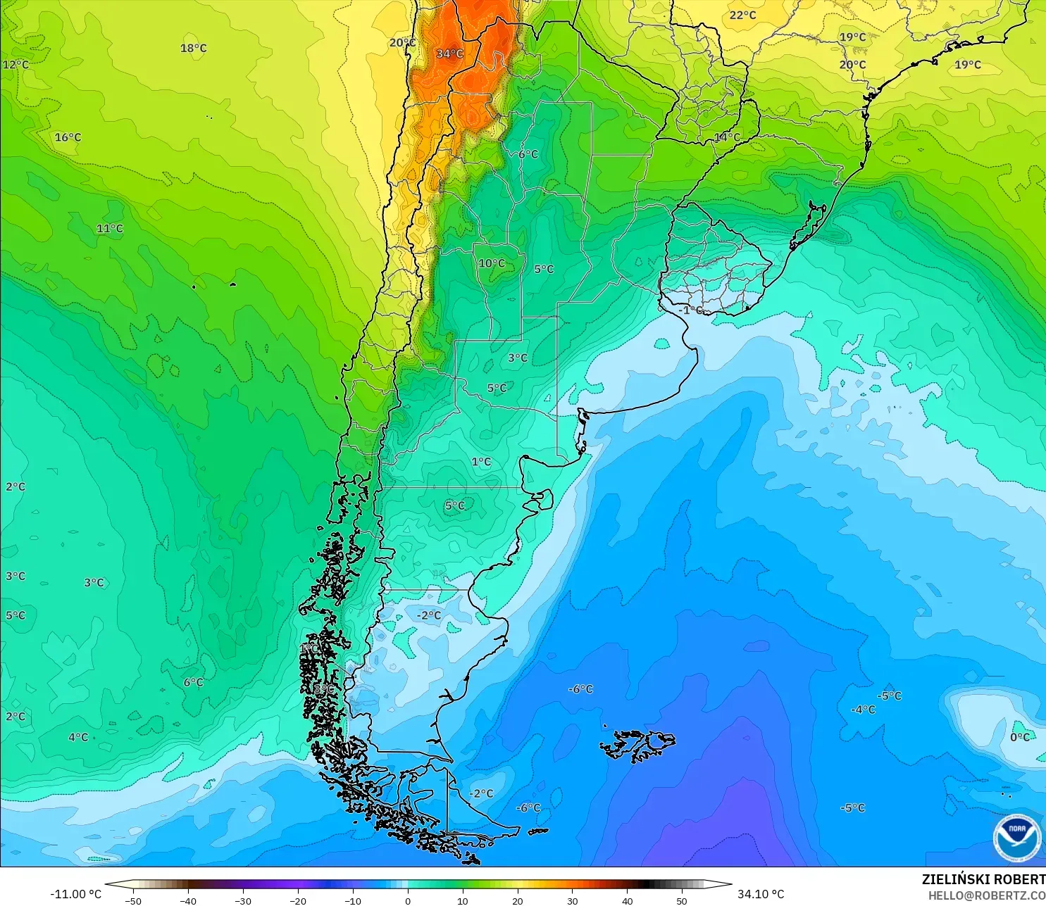 GFS modelo - Argentina, Temperatura a 850 hPa