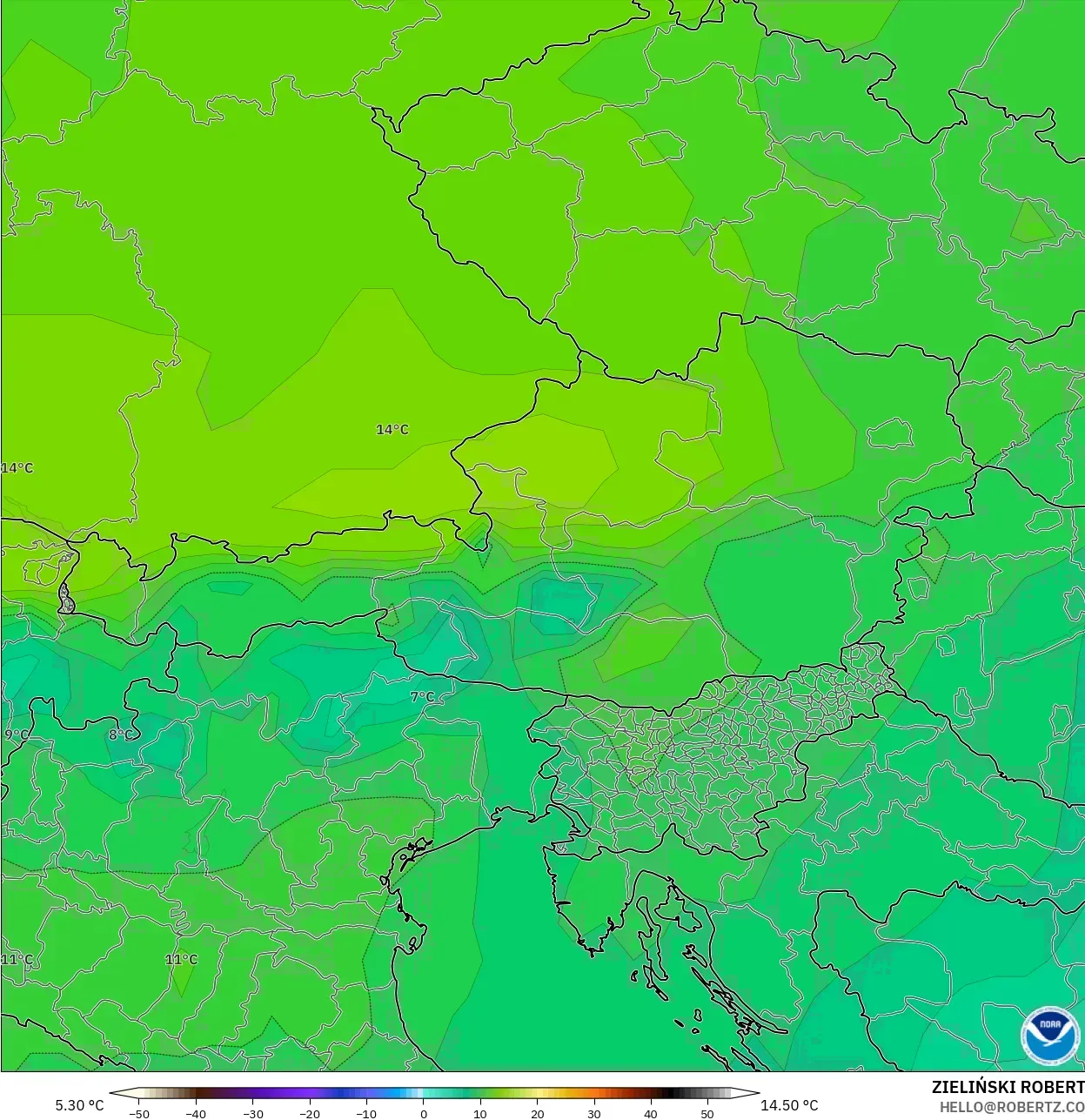 GFS modelo - Austria, Temperatura a 850 hPa