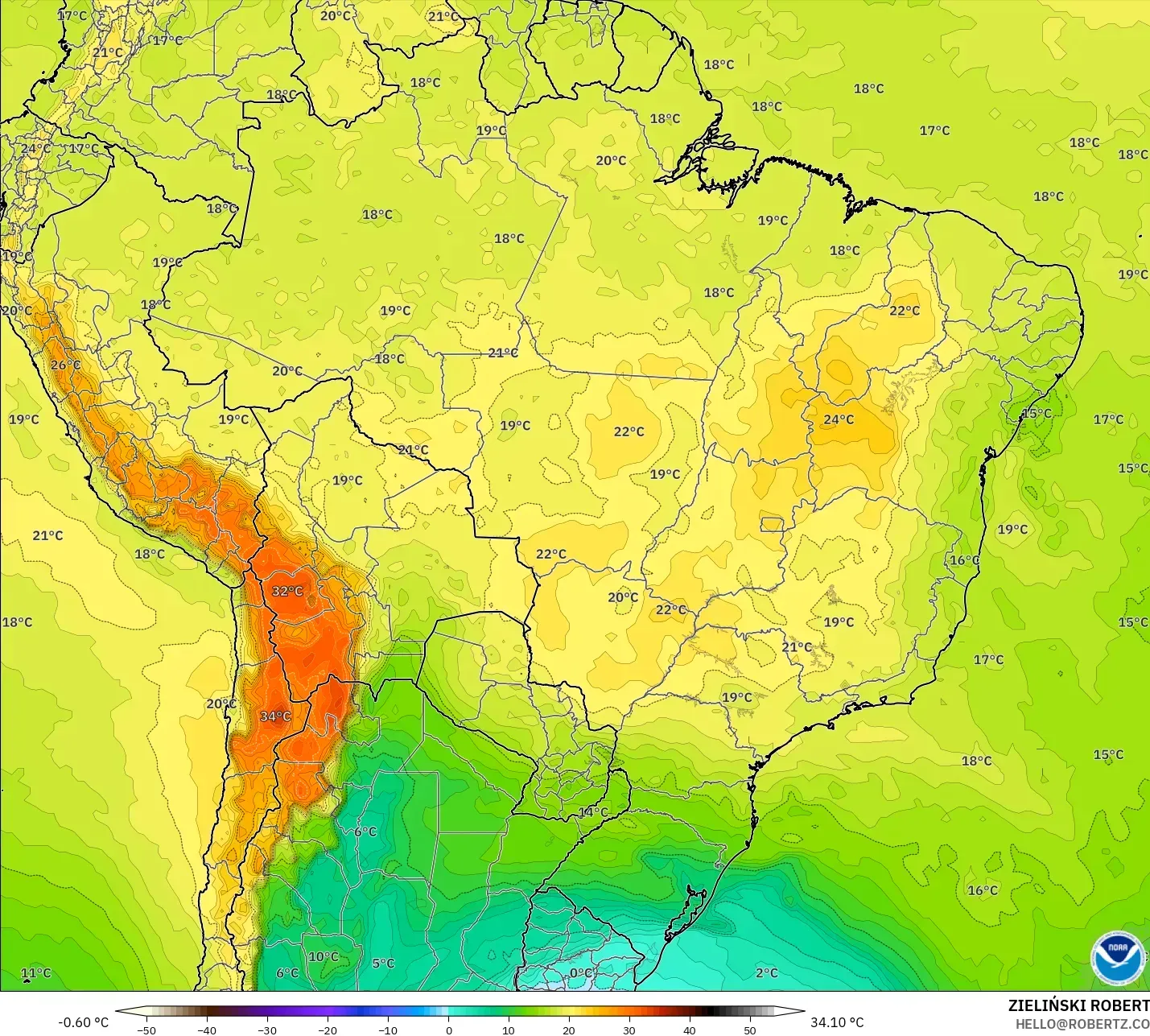 GFS modelo - Brasil, Temperatura a 850 hPa
