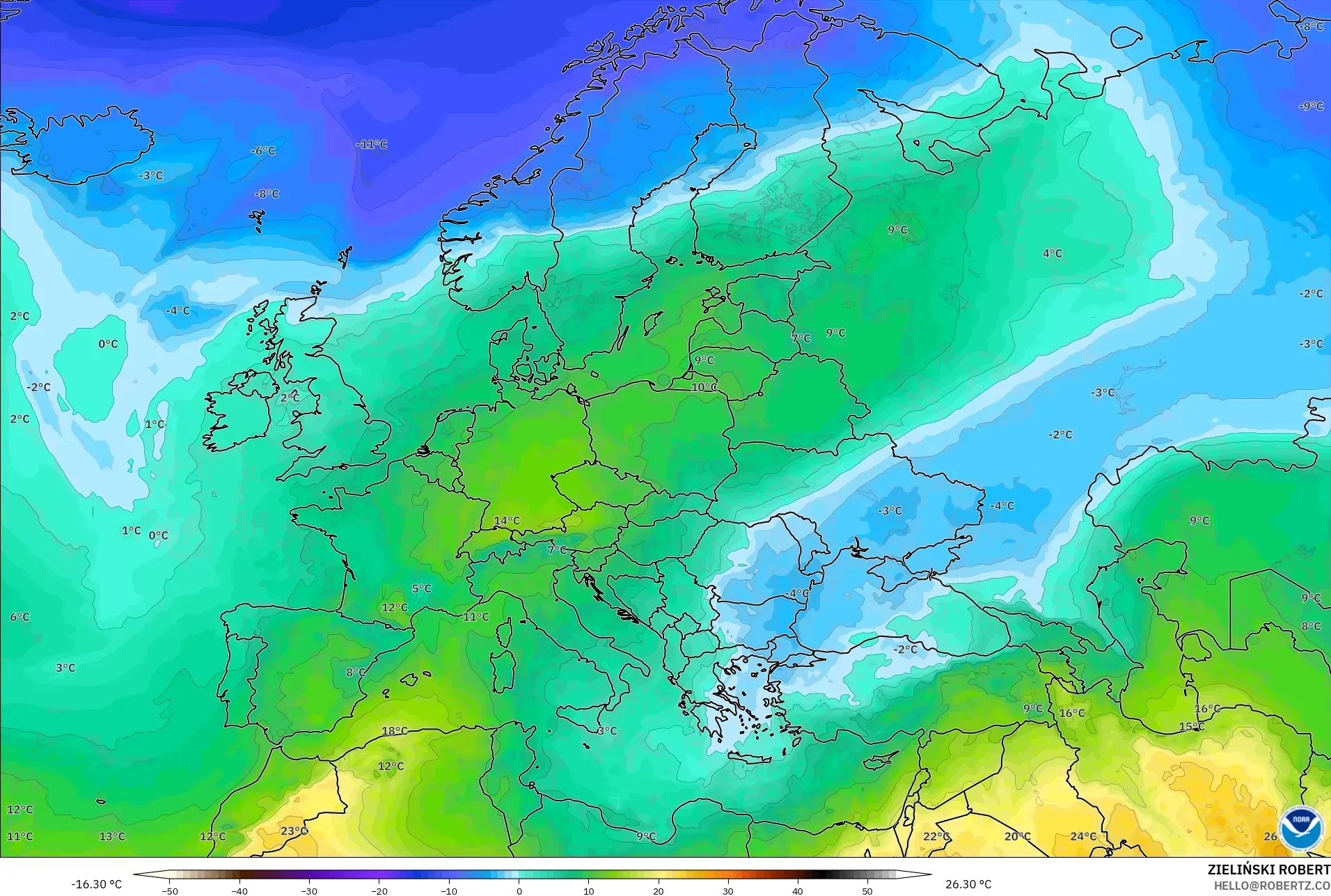 GFS modelo - Europa, Temperatura a 850 hPa