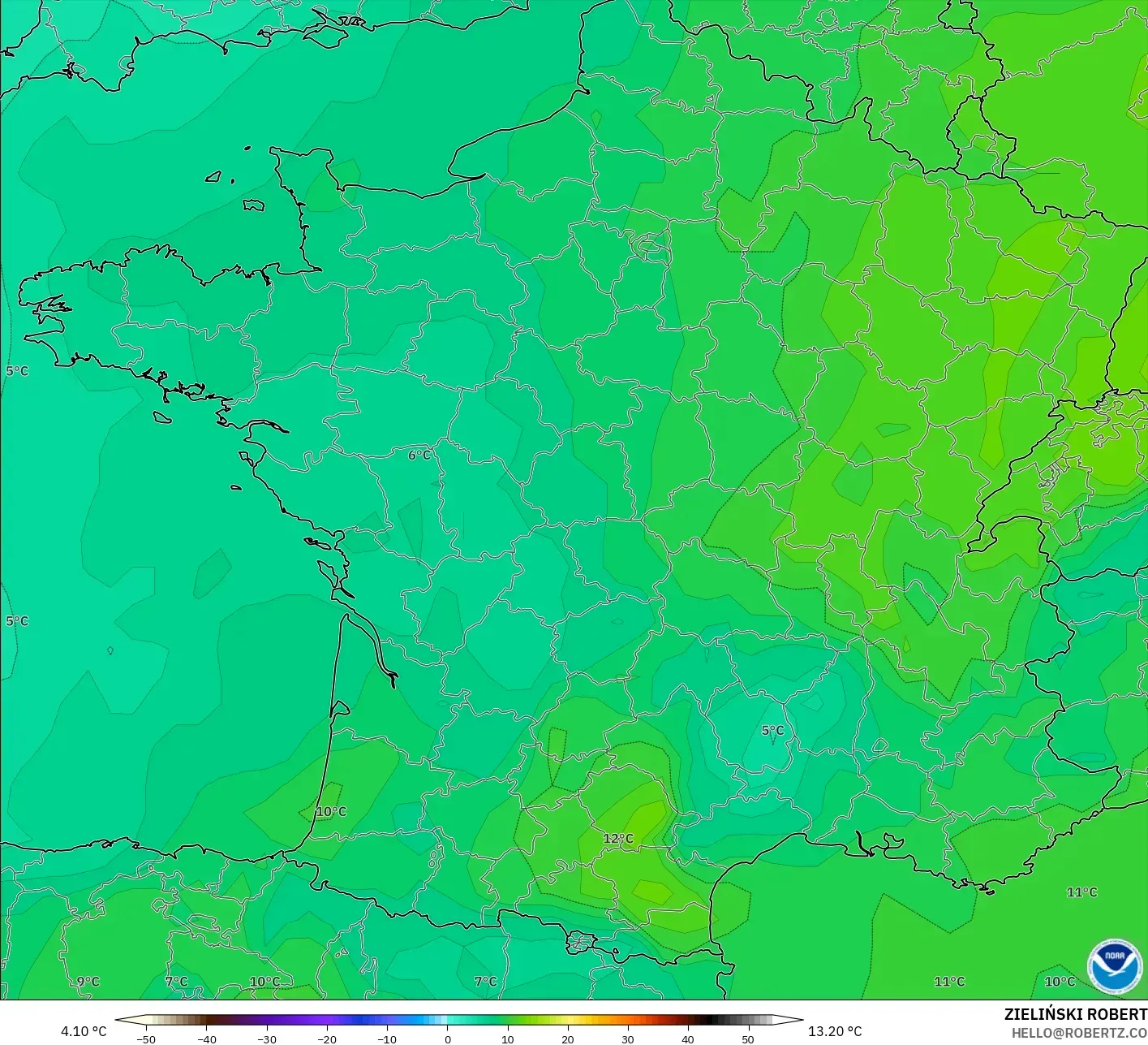 GFS modelo - Francia, Temperatura a 850 hPa